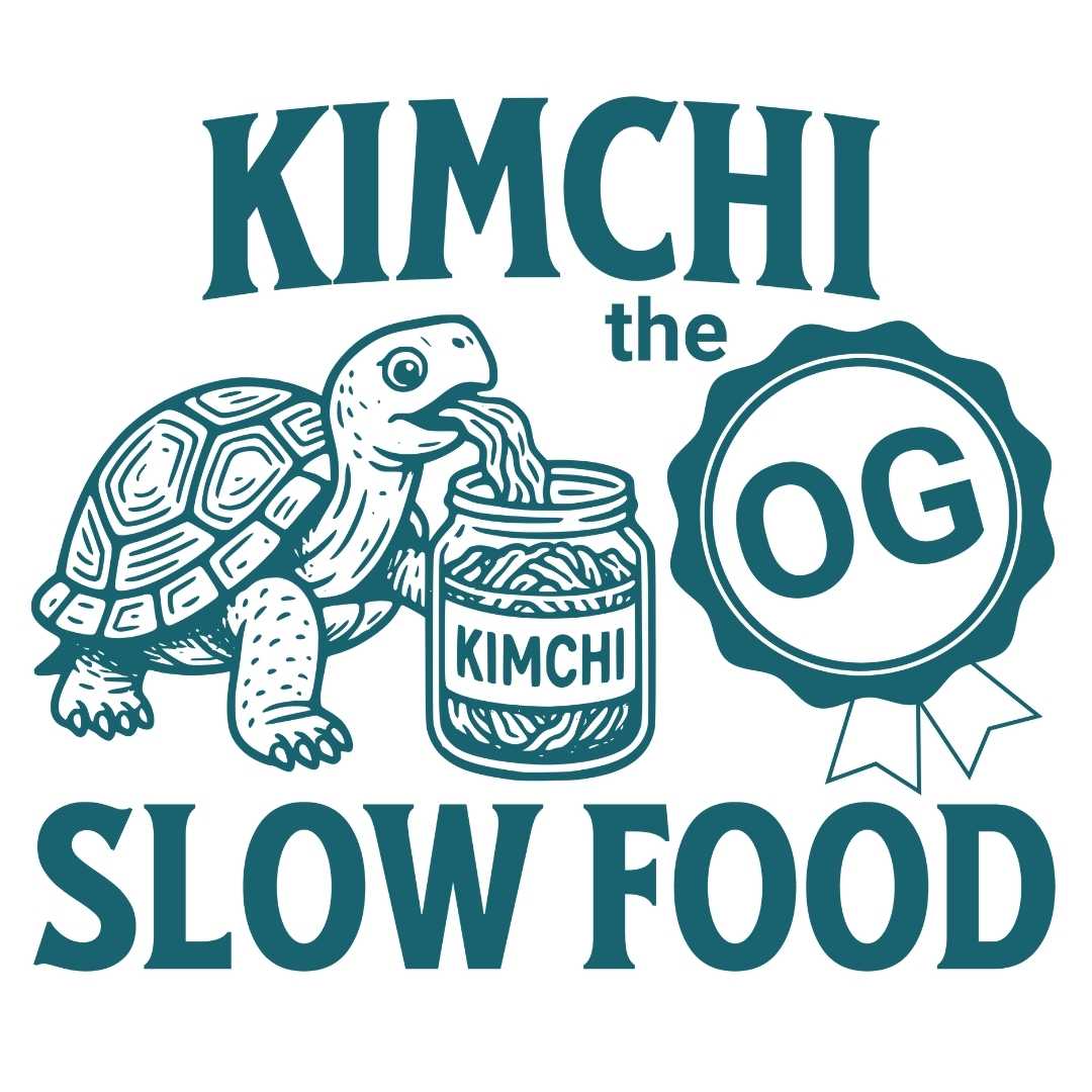 Close up of the Kimchi the OG Slow Food fermentation T-Shirt design featuring a tortoise and jar of kimchi