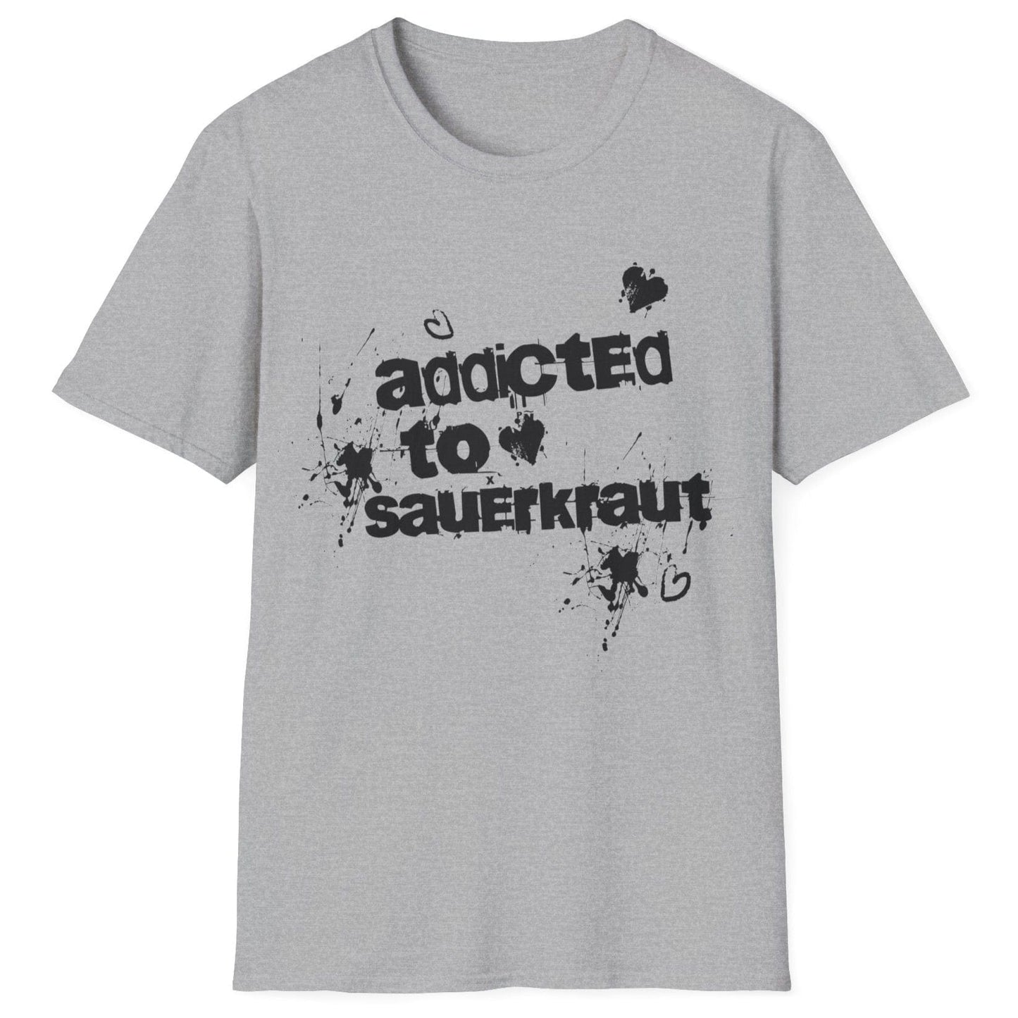 Addicted to Sauerkraut grey T-Shirt with bold graffiti-style typography, perfect for food lovers and streetwear enthusiasts