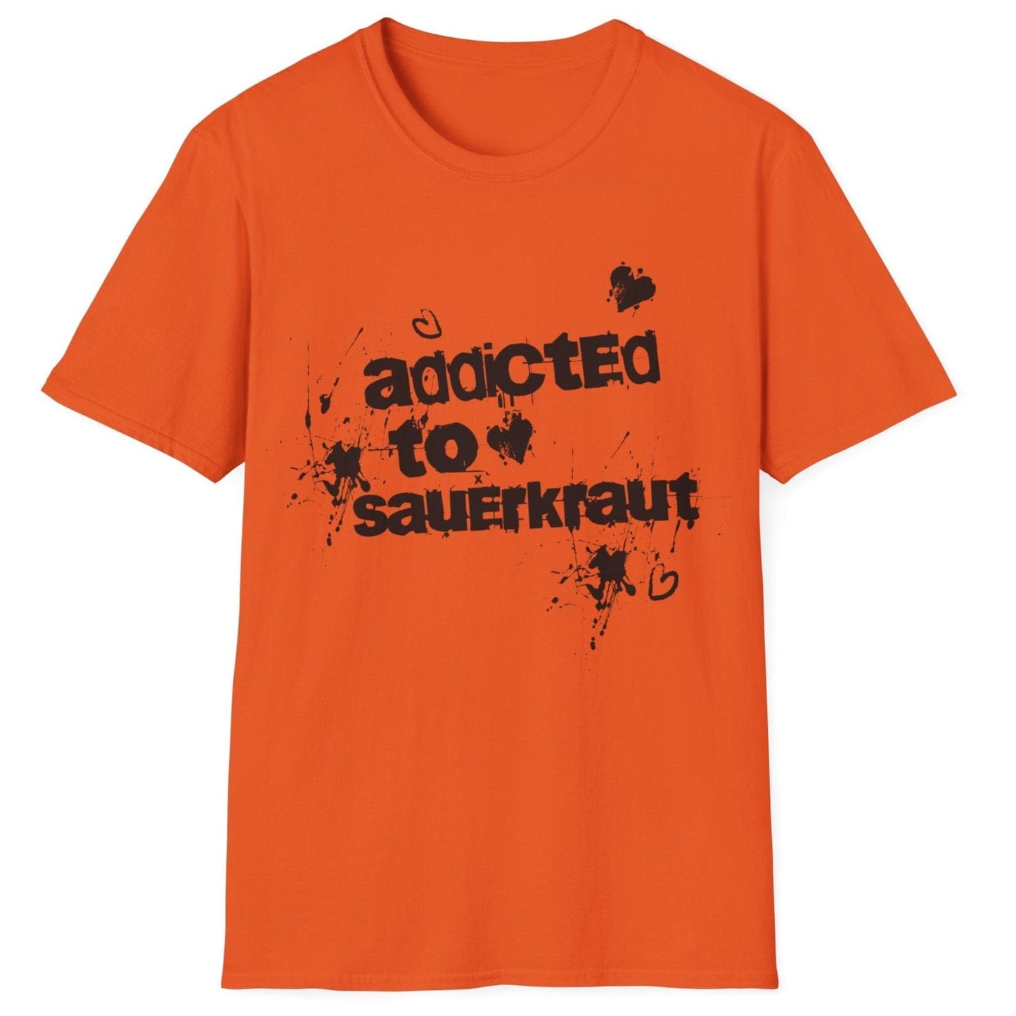 Addicted to Sauerkraut orange T-Shirt with bold graffiti-style typography, perfect for food lovers and streetwear enthusiasts