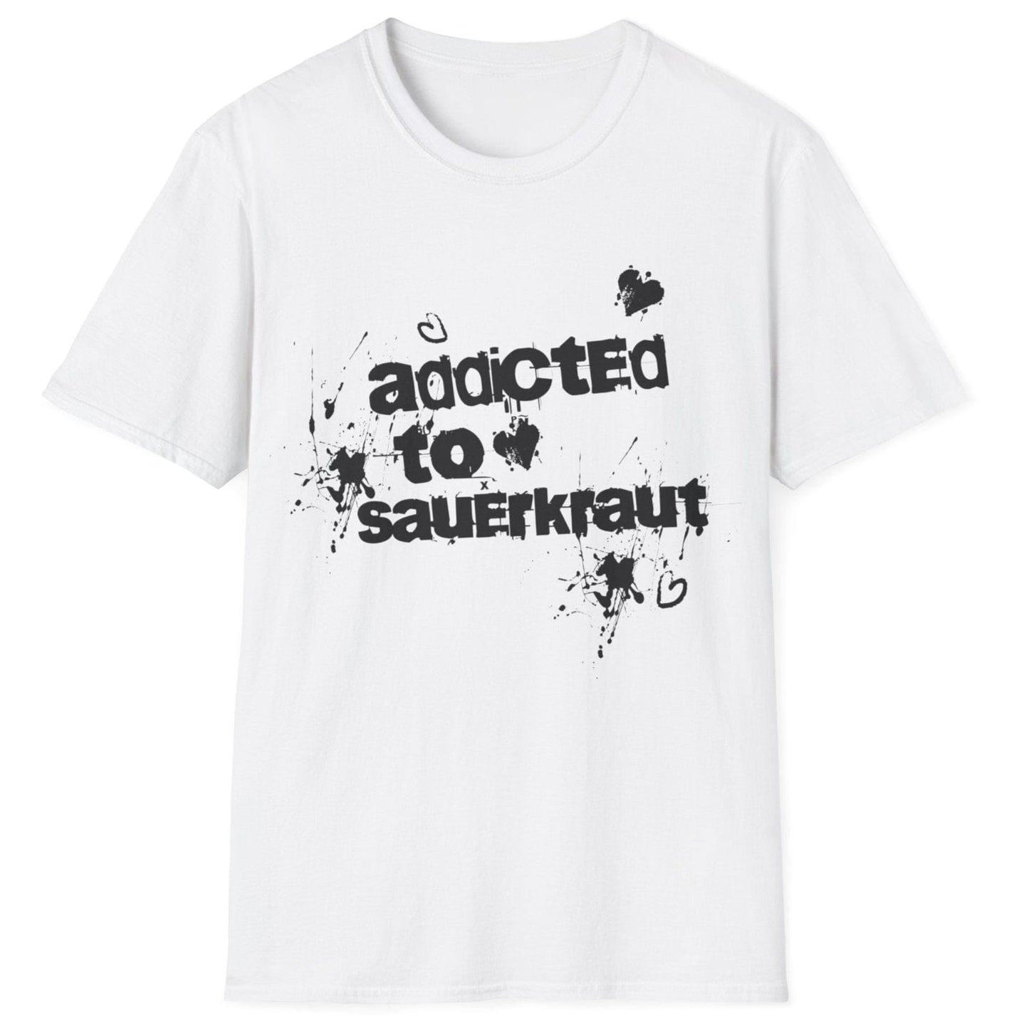 Addicted to Sauerkraut white T-Shirt with bold graffiti-style typography, perfect for food lovers and streetwear enthusiasts