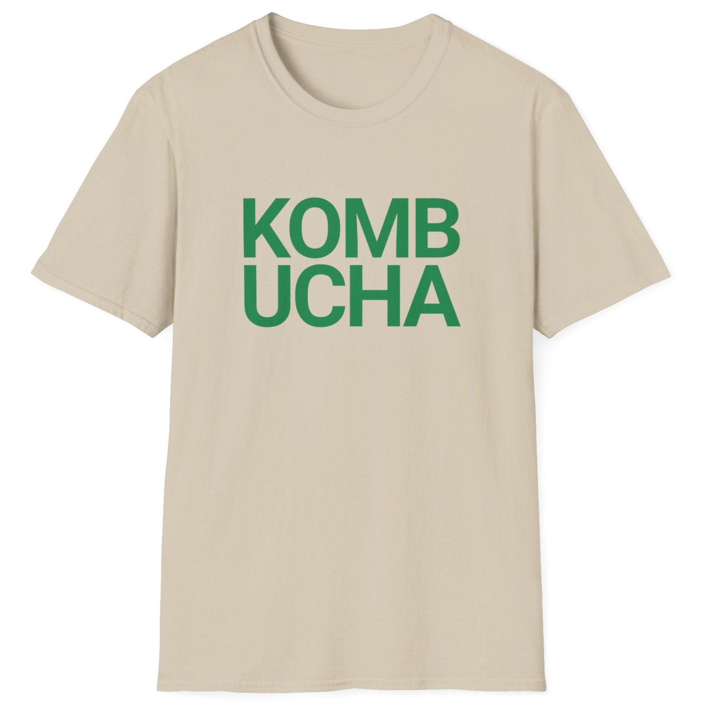Beige t-shirt with green 'KOMBUCHA' text in modern bold typography