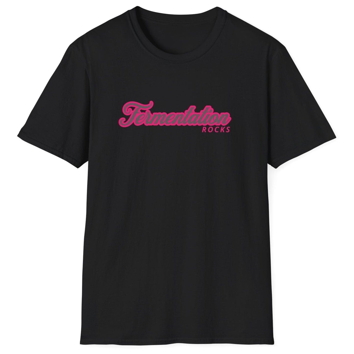 Unisex black cotton T-shirt with retro pink typography reading 'Fermentation Rocks,' perfect for fermentation fans and foodie gift lovers