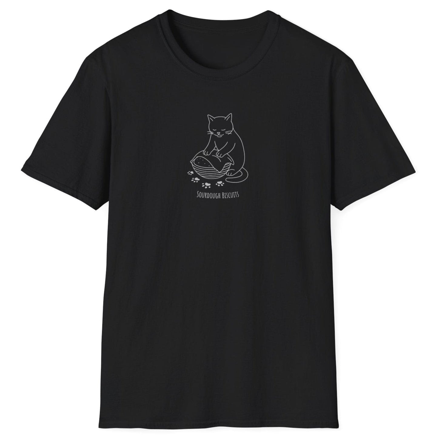 Illustrated cat kneading dough in a banneton, surrounded by floury paw prints — Sourdough Biscuits t-shirt in black for cat and bread lovers
