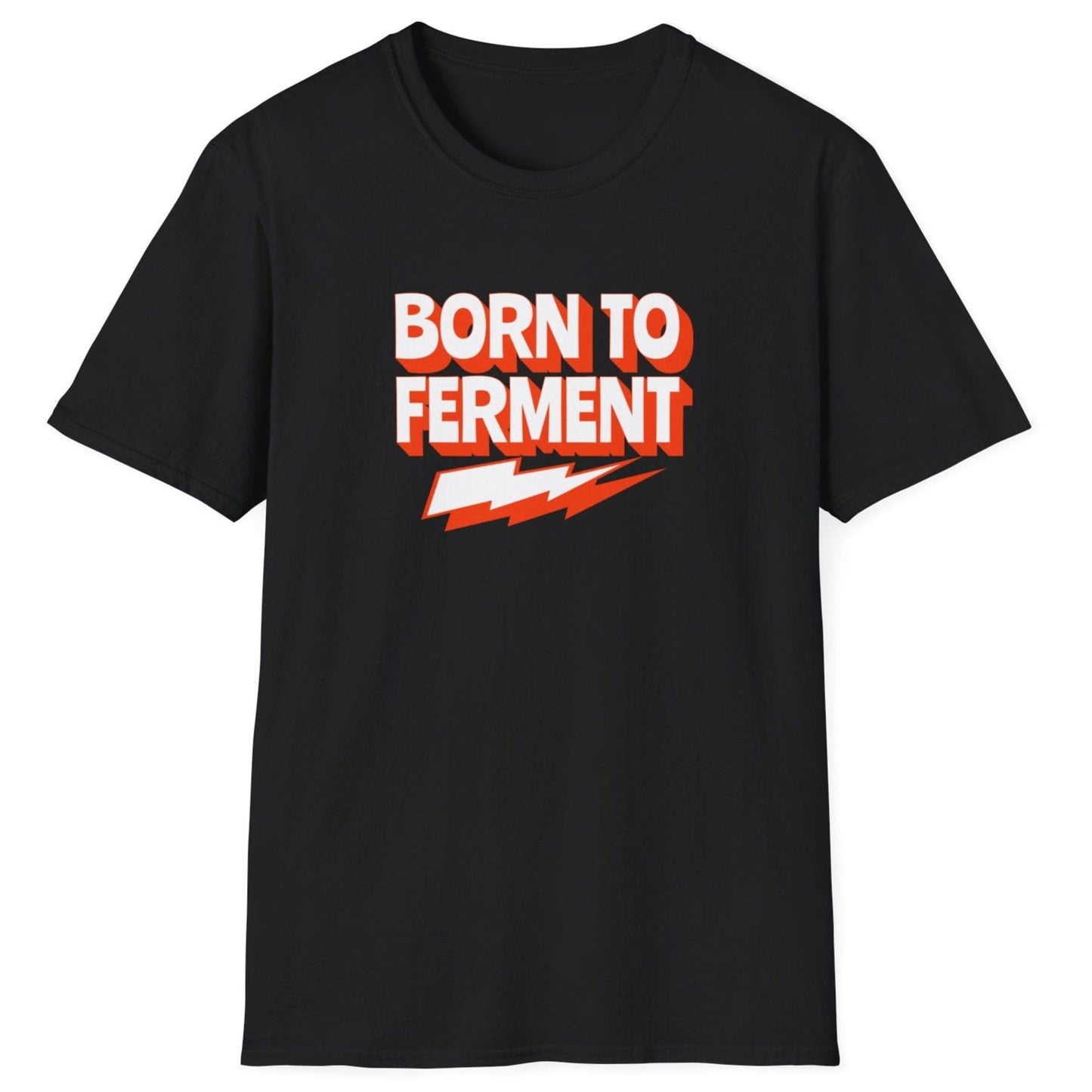 Born to Ferment black T-shirt with bold orange typography, perfect for fermentation lovers, kombucha brewers, and kimchi makers. Soft, relaxed-fit unisex cotton tee, an ideal gift for fermenters.