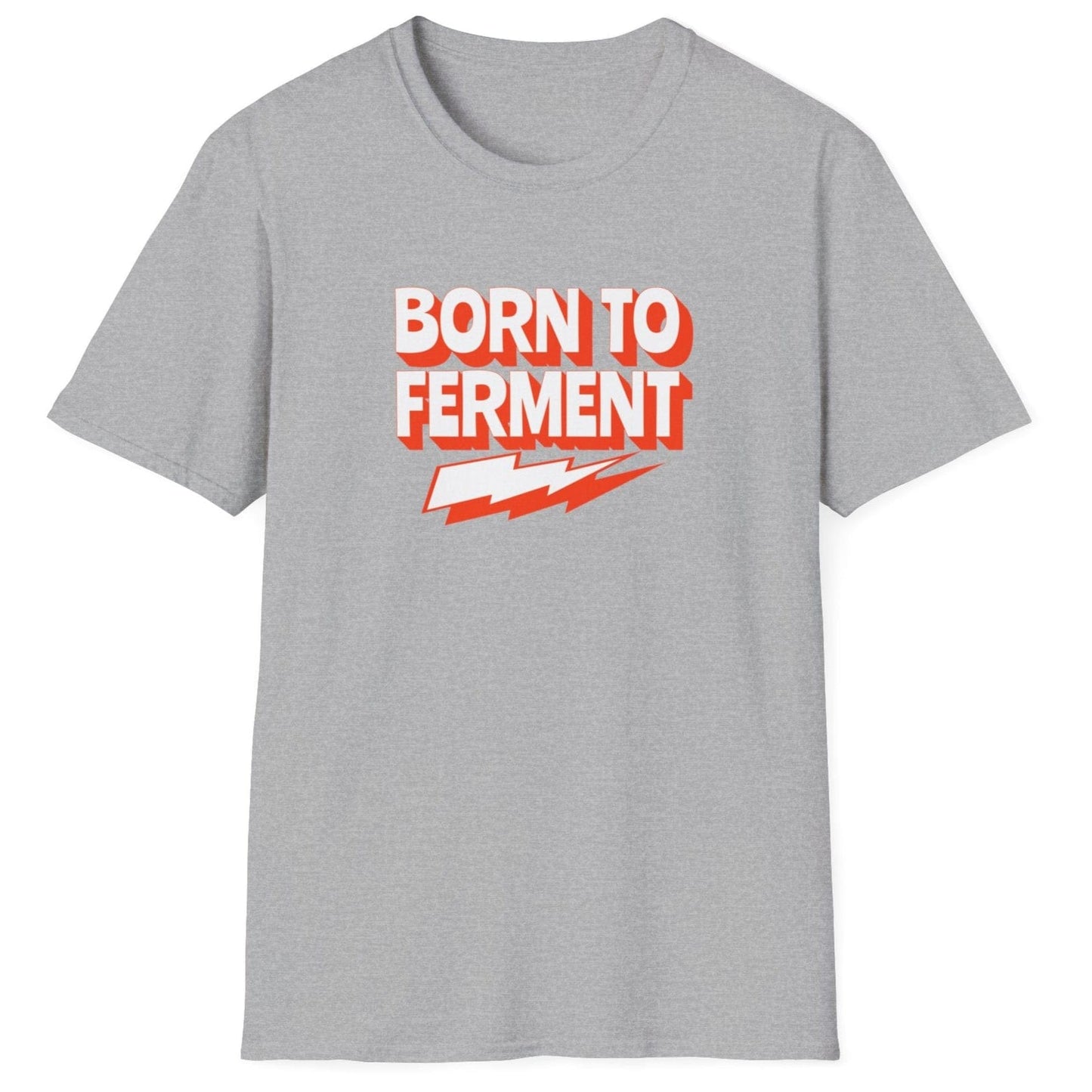 Born to Ferment grey T-shirt with bold orange typography, perfect for fermentation lovers, kombucha brewers, and kimchi makers. Soft, relaxed-fit unisex cotton tee, an ideal gift for fermenters.