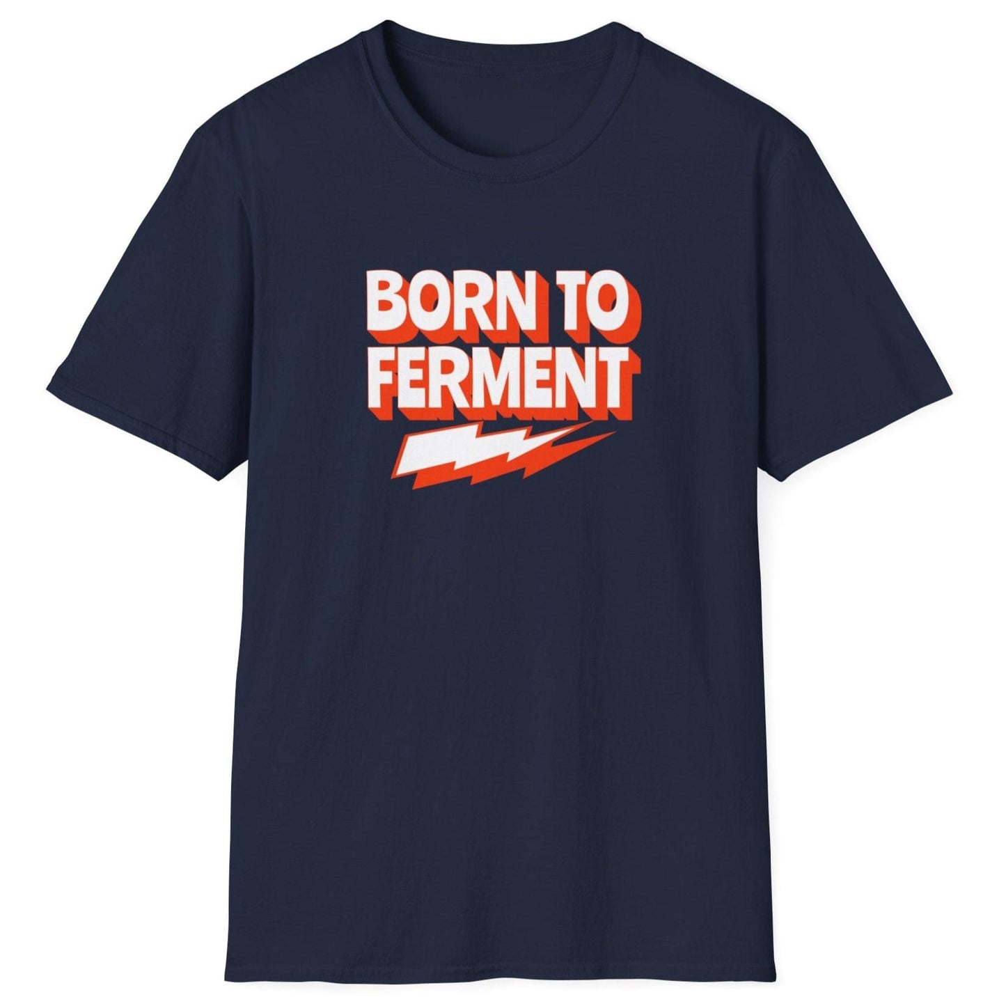 Born to Ferment navy T-shirt with bold orange typography, perfect for fermentation lovers, kombucha brewers, and kimchi makers. Soft, relaxed-fit unisex cotton tee, an ideal gift for fermenters.