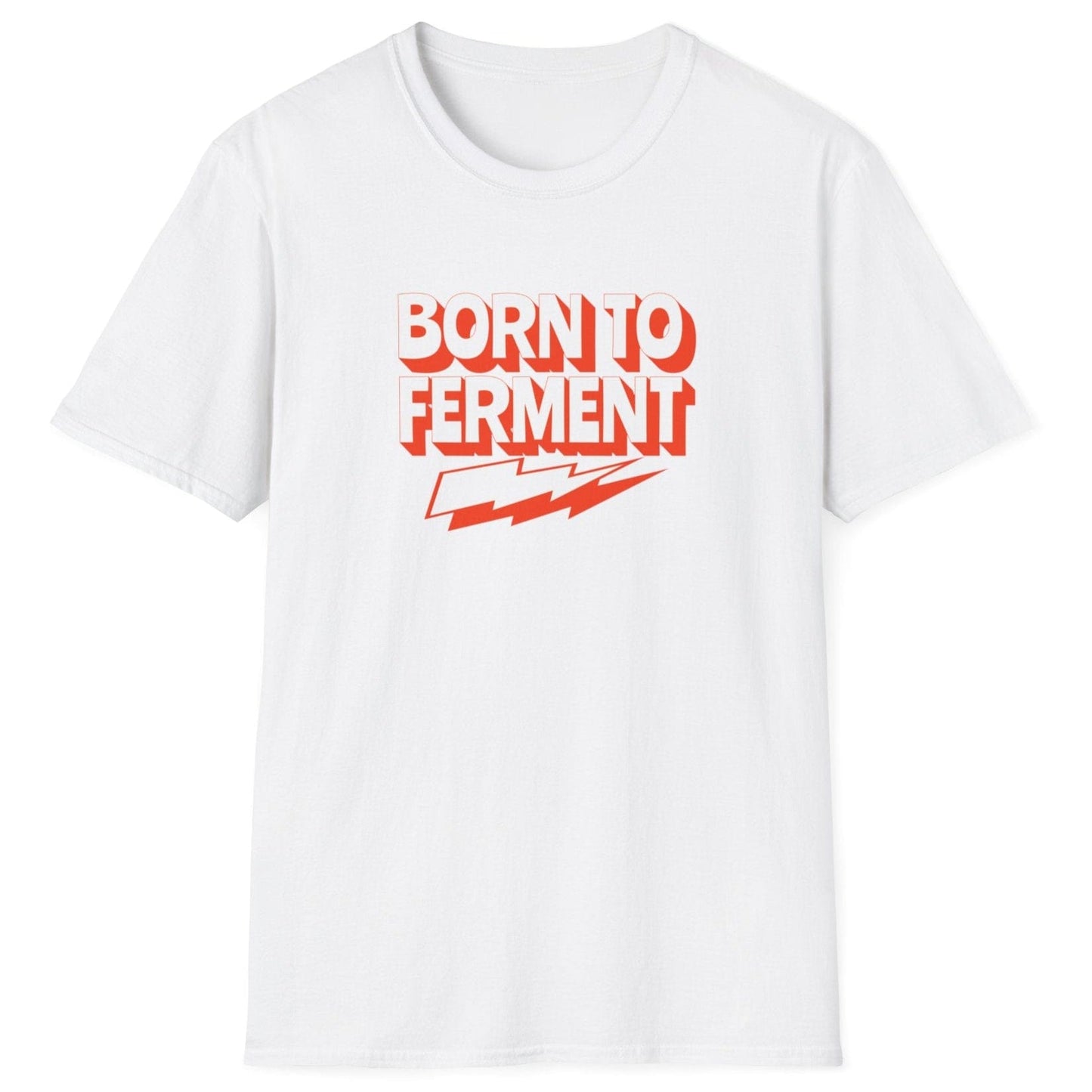 Born to Ferment white T-shirt with bold orange typography, perfect for fermentation lovers, kombucha brewers, and kimchi makers. Soft, relaxed-fit unisex cotton tee, an ideal gift for fermenters.