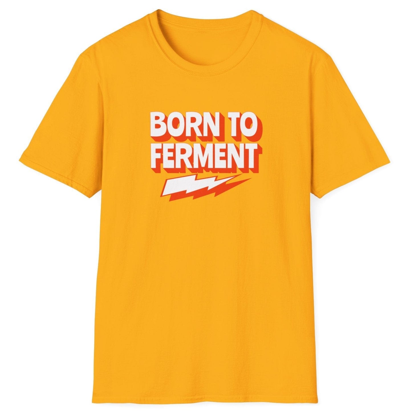 Born to Ferment yellow T-shirt with bold orange typography, perfect for fermentation lovers, kombucha brewers, and kimchi makers. Soft, relaxed-fit unisex cotton tee, an ideal gift for fermenters