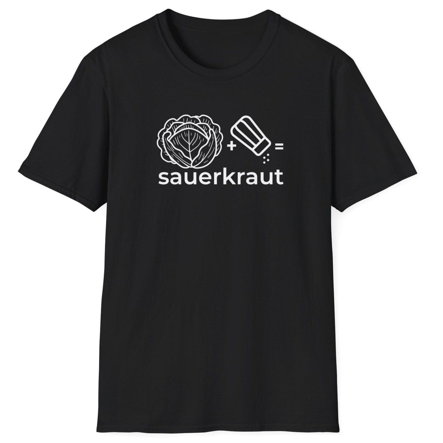 Unisex black cotton T-shirt featuring a "Cabbage + Salt = Sauerkraut" design, celebrating the simplicity and magic of fermentation—perfect for probiotic lovers, foodies, and fermentation enthusiasts.