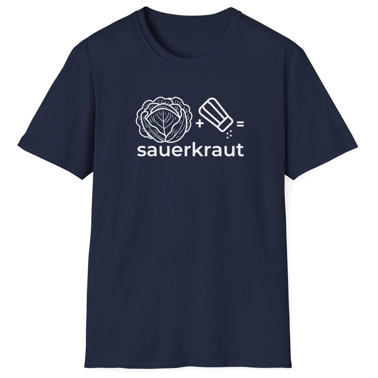 Unisex navy cotton T-shirt featuring the "Cabbage + Salt = Sauerkraut" design, celebrating the simplicity and magic of fermentation—perfect for probiotic lovers, foodies, and fermentation enthusiasts.