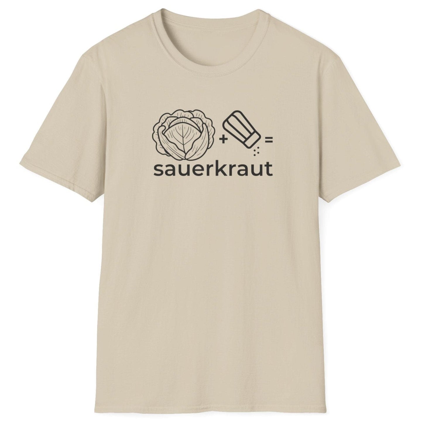 Unisex cotton T-shirt in sand featuring the "Cabbage + Salt = Sauerkraut" design, celebrating the simplicity and magic of fermentation—perfect for probiotic lovers, foodies, and fermentation enthusiasts.