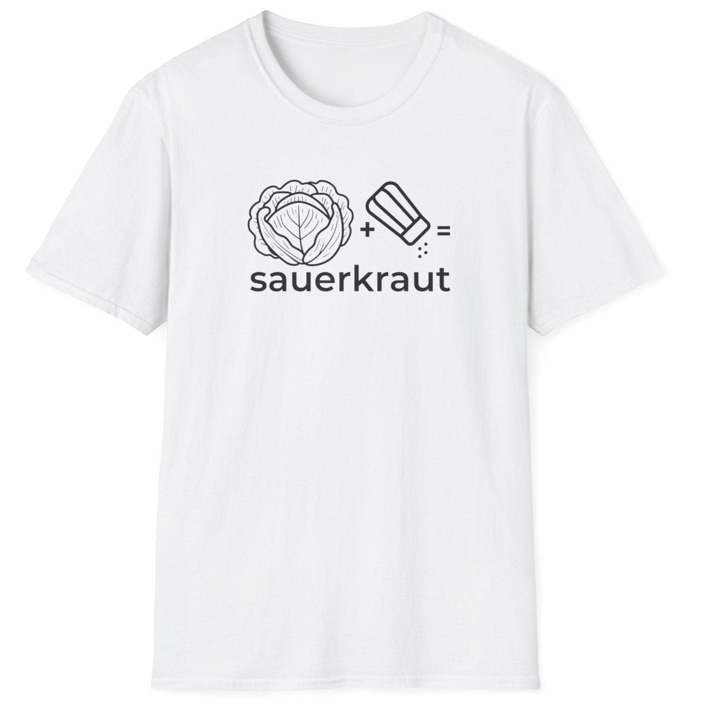 Unisex white cotton T-shirt featuring the "Cabbage + Salt = Sauerkraut" design, celebrating the simplicity and magic of fermentation—perfect for probiotic lovers, foodies, and fermentation enthusiasts.