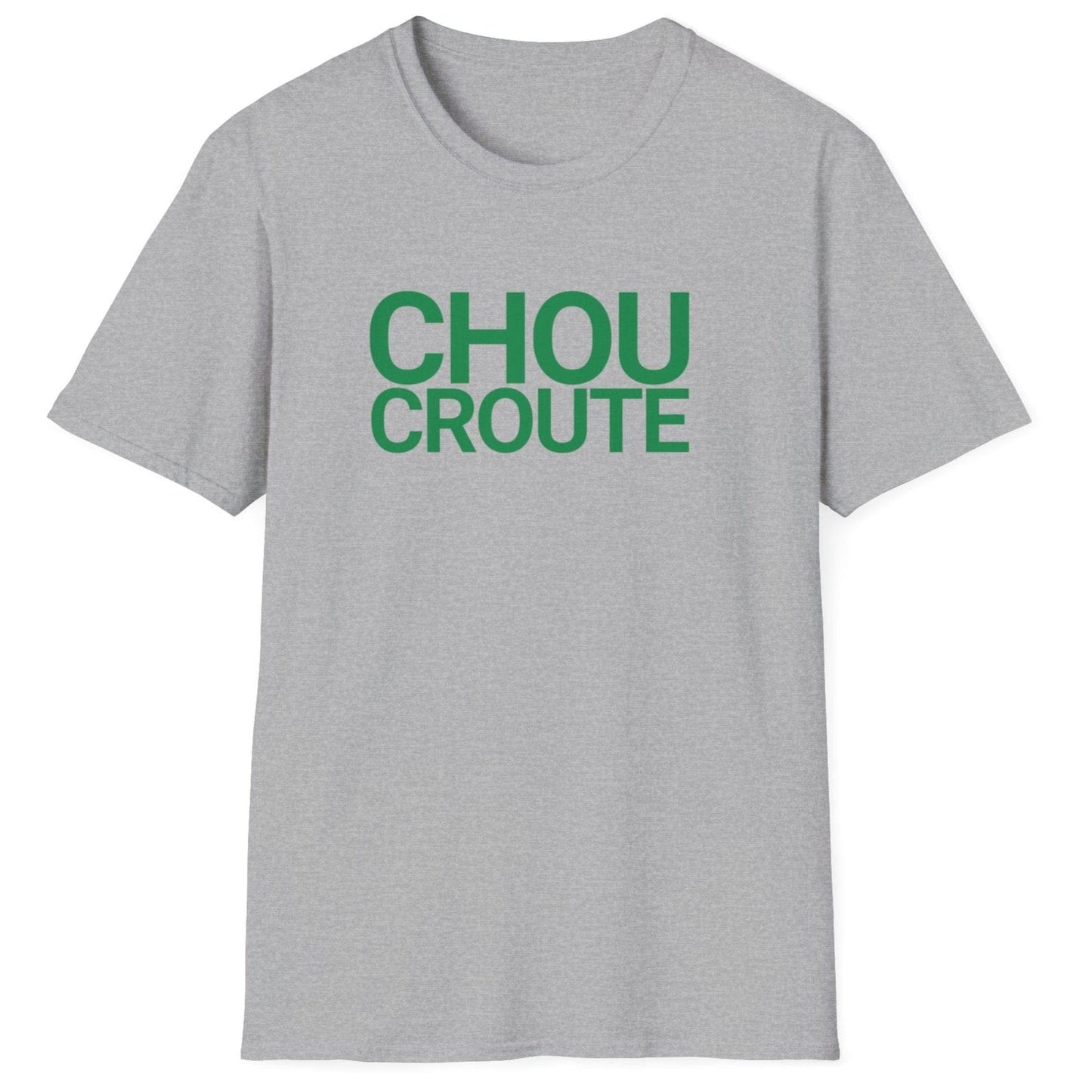 Unisex grey cotton T-shirt featuring the bold "Choucroute" typography design, celebrating French sauerkraut—perfect for fermentation enthusiasts, food lovers, and fans of traditional Alsace cuisine.