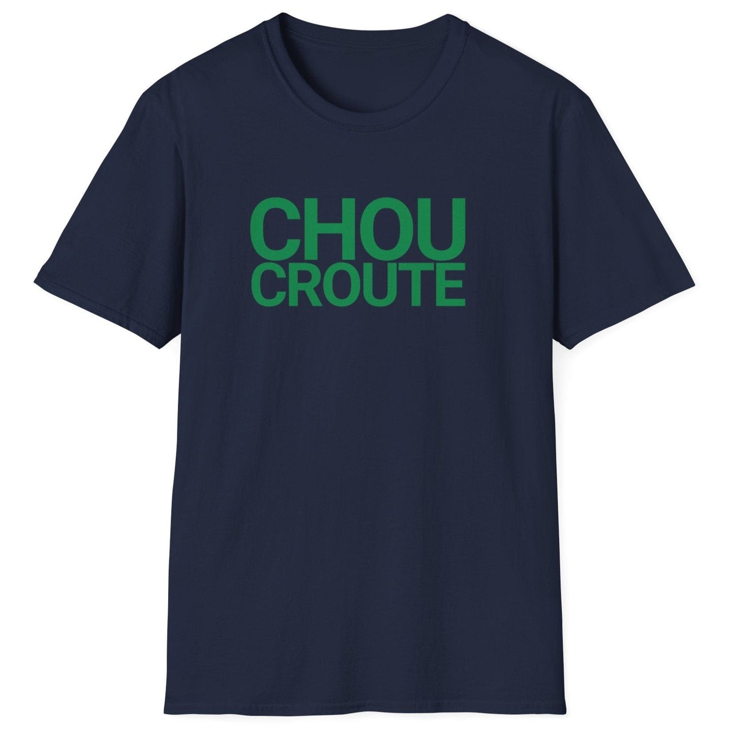 Unisex navy cotton T-shirt featuring the bold "Choucroute" typography design, celebrating French sauerkraut—perfect for fermentation enthusiasts, food lovers, and fans of traditional Alsace cuisine.