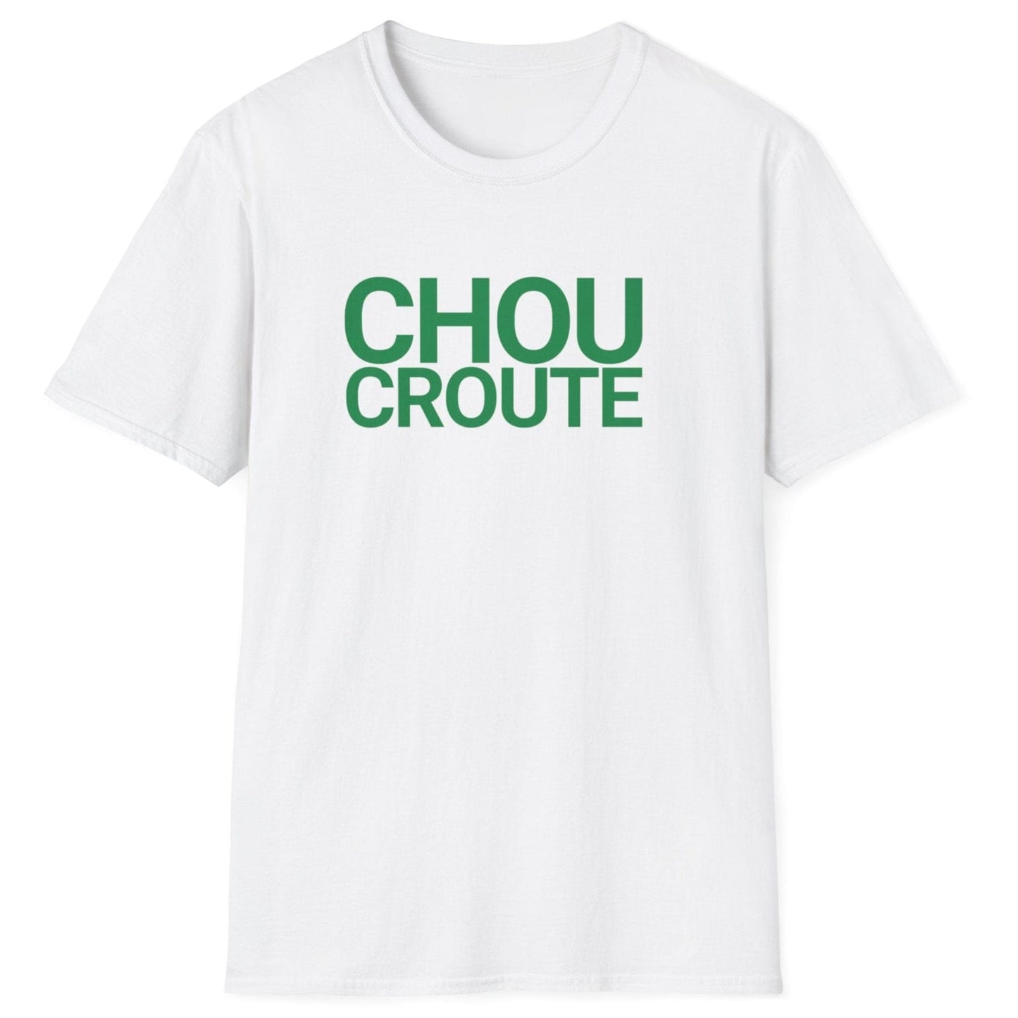 Unisex white cotton T-shirt featuring the bold "Choucroute" typography design, celebrating French sauerkraut—perfect for fermentation enthusiasts, food lovers, and fans of traditional Alsace cuisine.