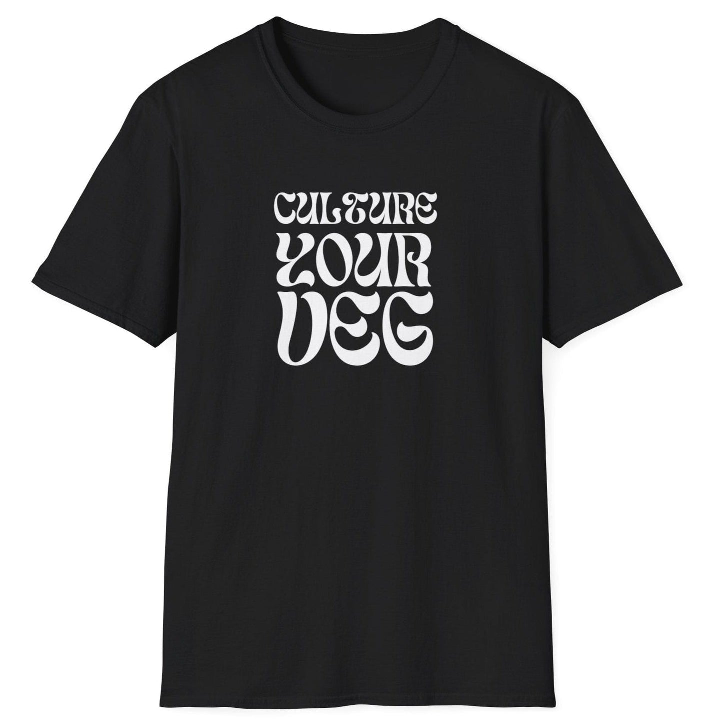 Culture Your Veg black T-shirt with bold retro typography design. Perfect gift for fermentation lovers, kimchi makers, and kraut enthusiasts. Soft, relaxed-fit unisex cotton tee.