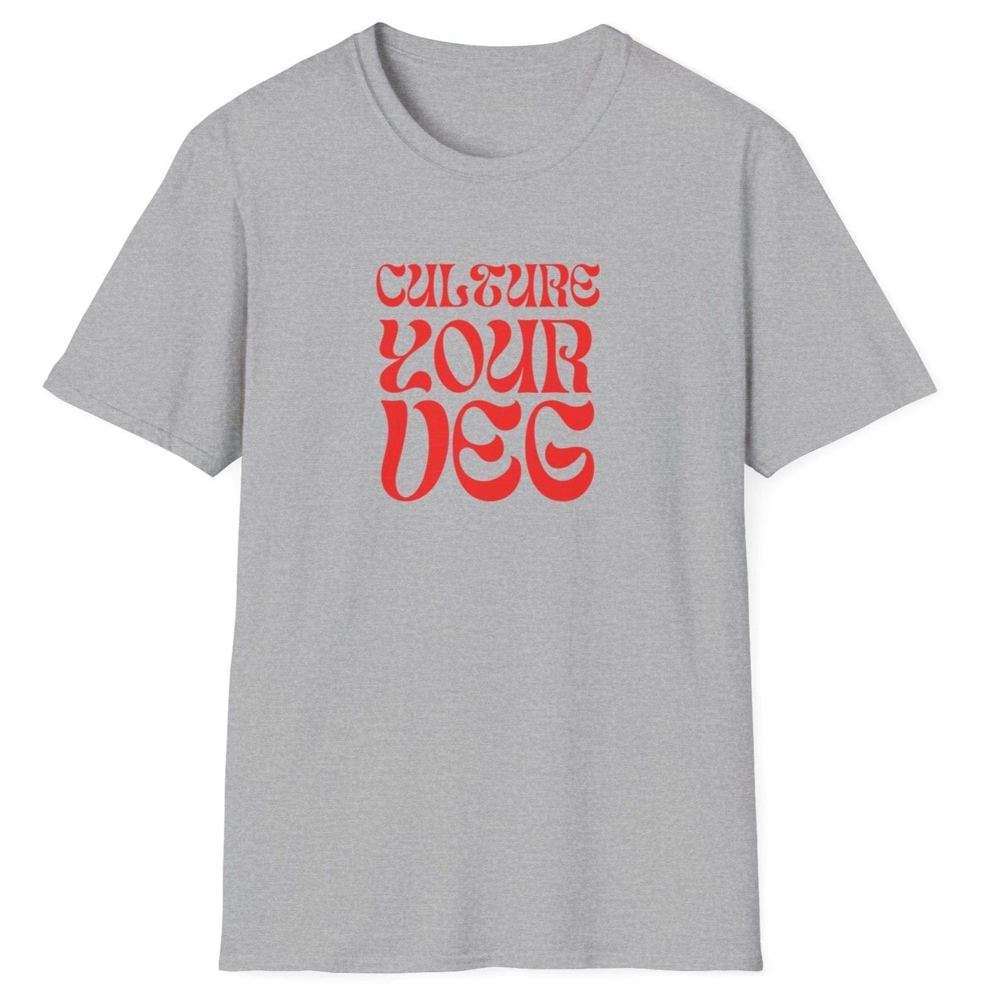 Culture Your Veg grey T-shirt with bold retro typography design. Perfect gift for fermentation lovers, kimchi makers, and kraut enthusiasts. Soft, relaxed-fit unisex cotton tee.