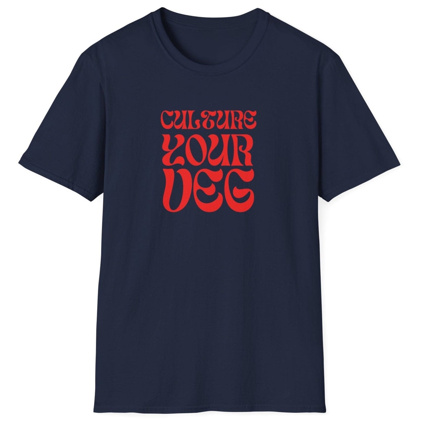 Culture Your Veg navy T-shirt with bold retro typography design. Perfect gift for fermentation lovers, kimchi makers, and kraut enthusiasts. Soft, relaxed-fit unisex cotton tee.
