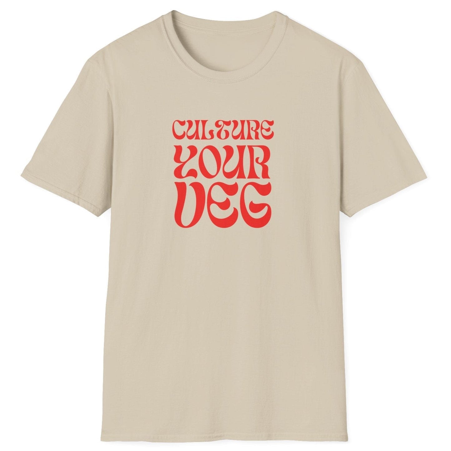 Culture Your Veg neutral T-shirt with bold retro typography design. Perfect gift for fermentation lovers, kimchi makers, and kraut enthusiasts. Soft, relaxed-fit unisex cotton shirt