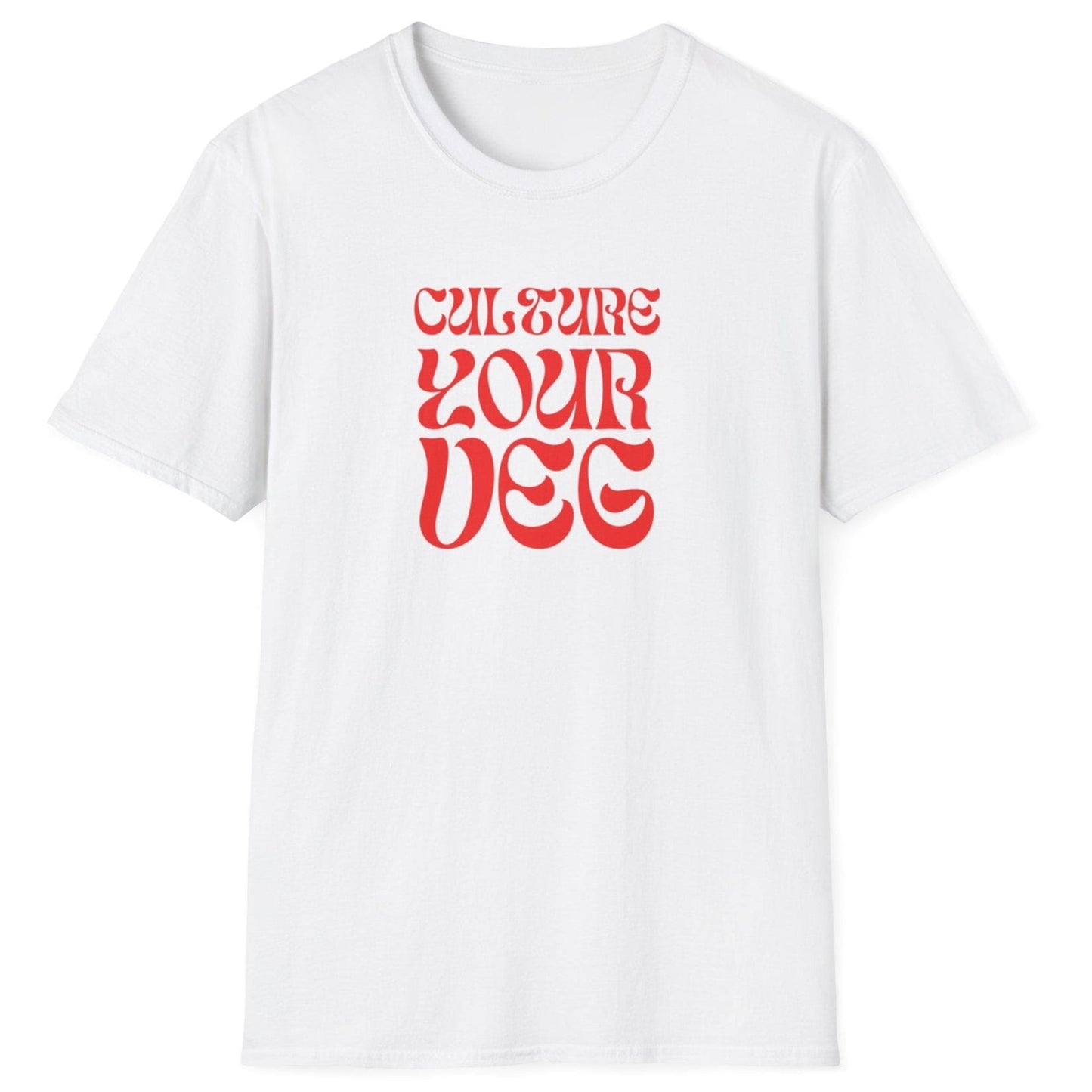Culture Your Veg white T-shirt with bold retro typography design. Perfect gift for fermentation lovers, kimchi makers, and kraut enthusiasts. Soft, relaxed-fit unisex cotton tee.