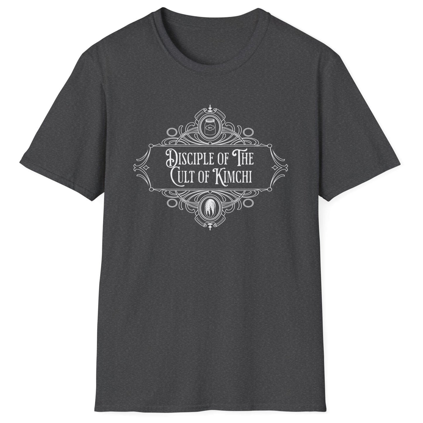 Disciple Of The Cult of Kimchi fermentation T-shirt in dark heather grey cotton with gothic style design. Great gift for fermenters, kimchi lovers and foodies