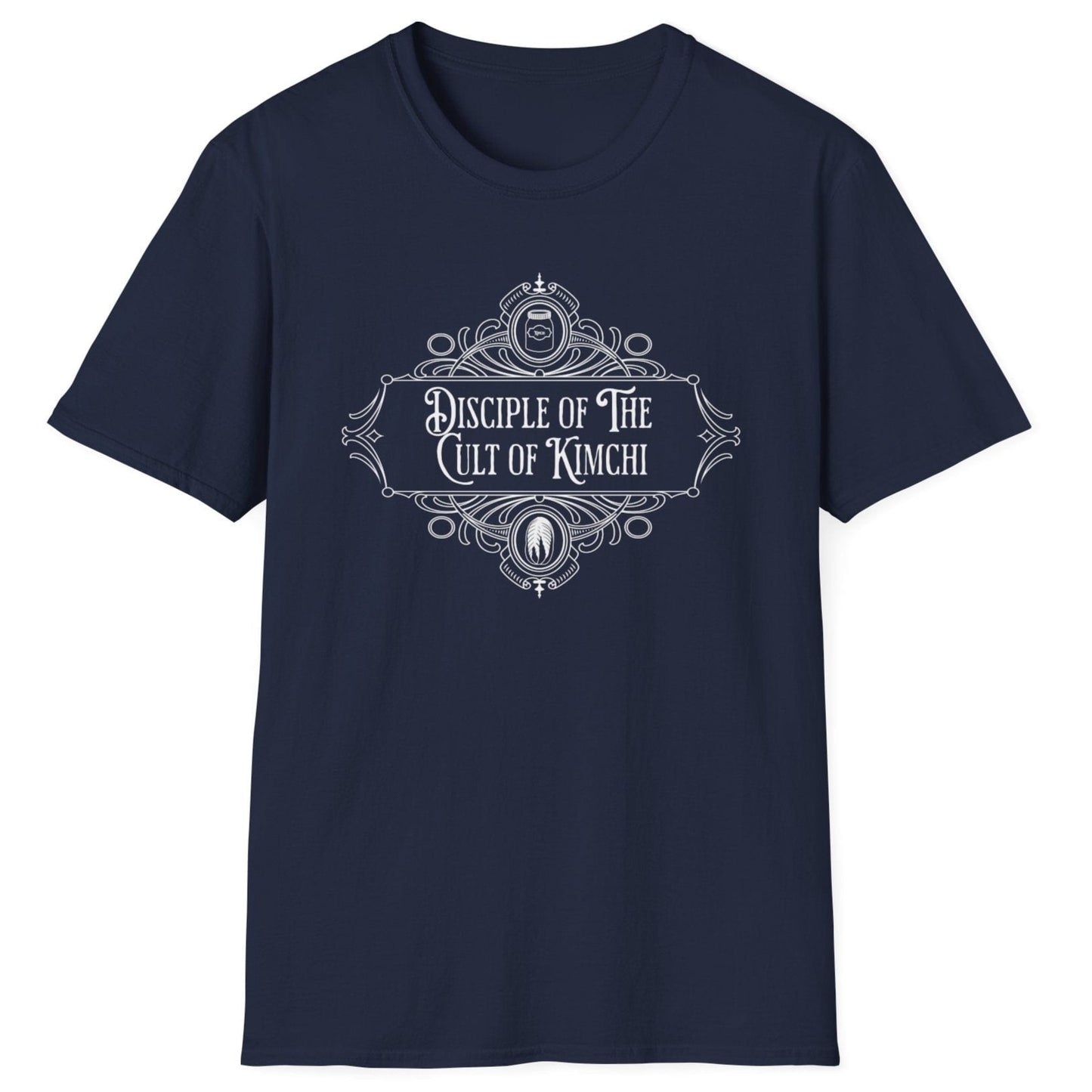 Disciple Of The Cult of Kimchi fermentation T-shirt in navy cotton with gothic style design. Great gift for fermenters, kimchi lovers and foodies