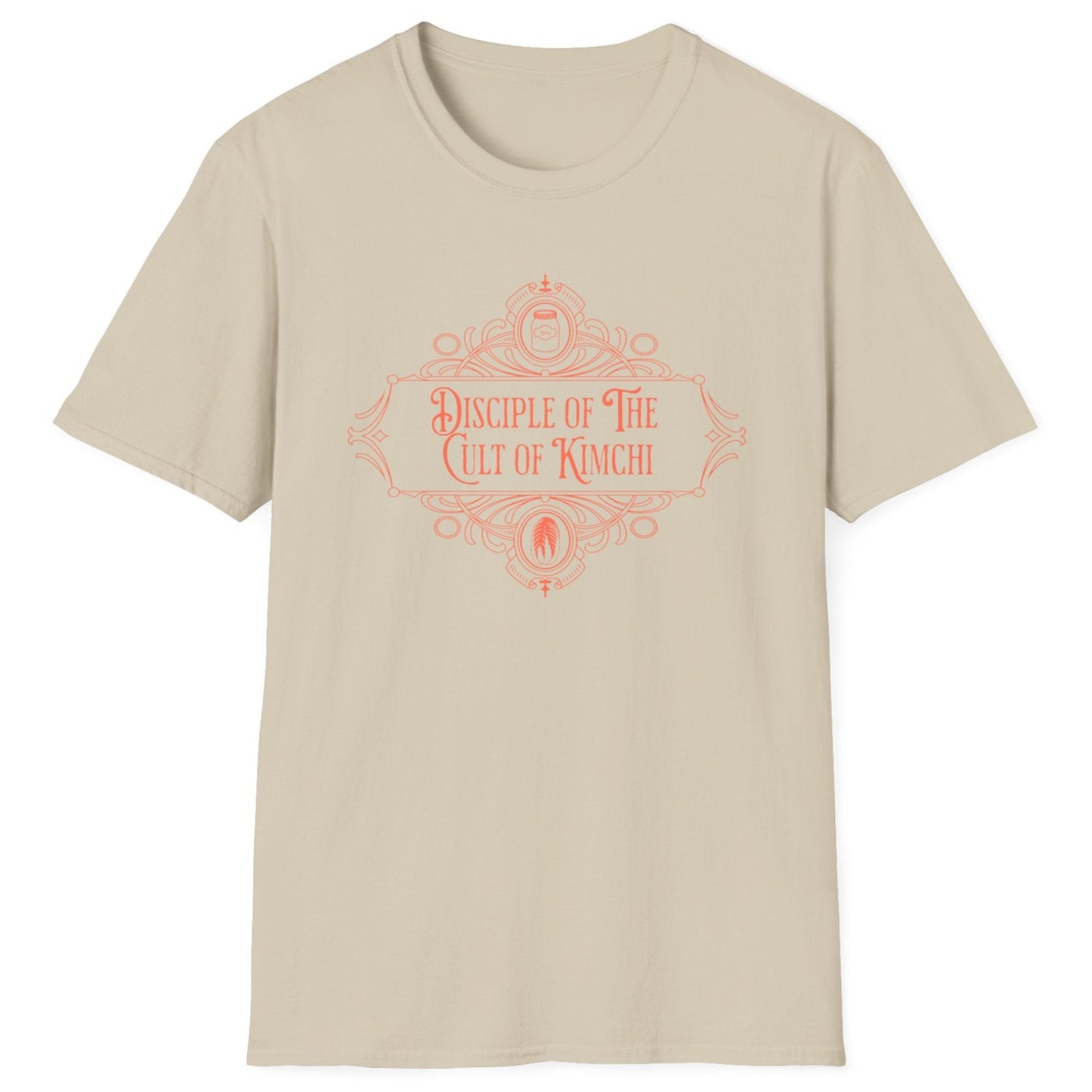 Disciple Of The Cult of Kimchi fermentation T-shirt in sand cotton with gothic style design. Great gift for fermenters, kimchi lovers and foodies