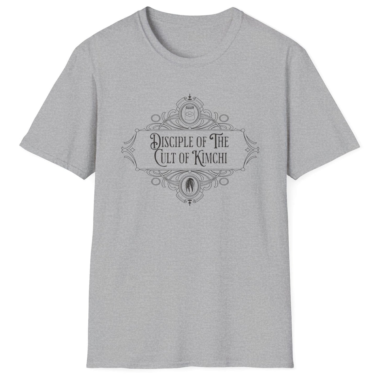 Disciple Of The Cult of Kimchi fermentation T-shirt in sports grey cotton with gothic style design. Great gift for fermenters, kimchi lovers and foodies