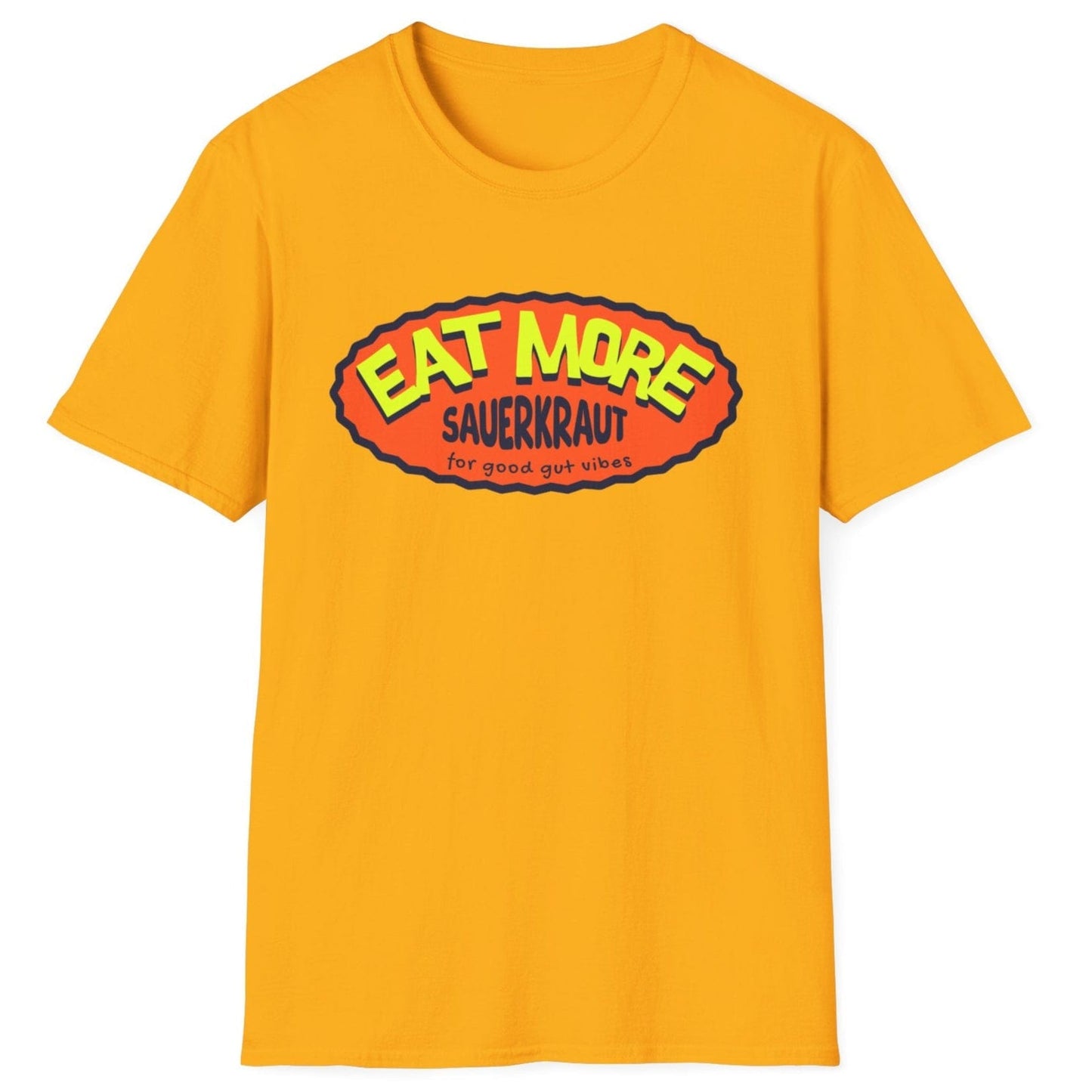 Unisex relaxed-fit cotton T-shirt in gold with "Eat More Sauerkraut (for good gut vibes)" design, perfect for fermentation enthusiasts, sauerkraut lovers and anyone promoting gut health.
