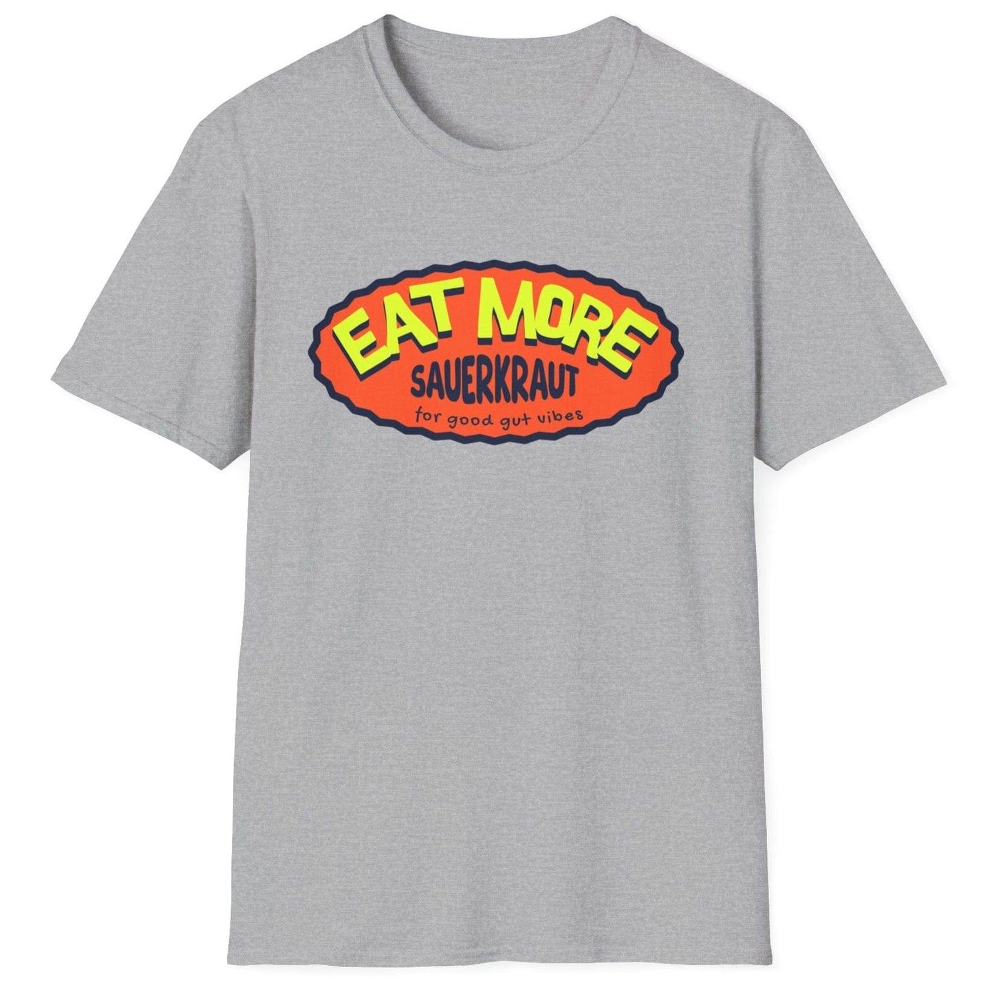 Unisex relaxed-fit grey cotton T-shirt with "Eat More Sauerkraut (for good gut vibes)" design, perfect for fermentation enthusiasts, sauerkraut lovers and anyone promoting gut health.