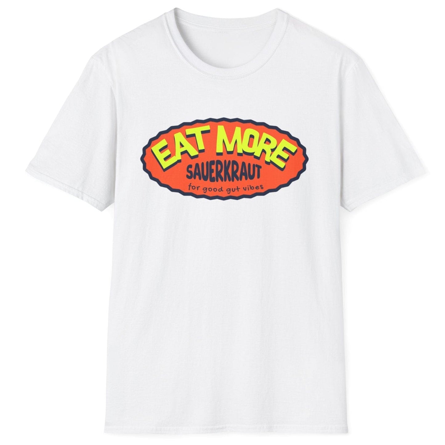Unisex relaxed-fit white cotton T-shirt with "Eat More Sauerkraut (for good gut vibes)" design, perfect for fermentation enthusiasts, sauerkraut lovers and anyone promoting gut health.