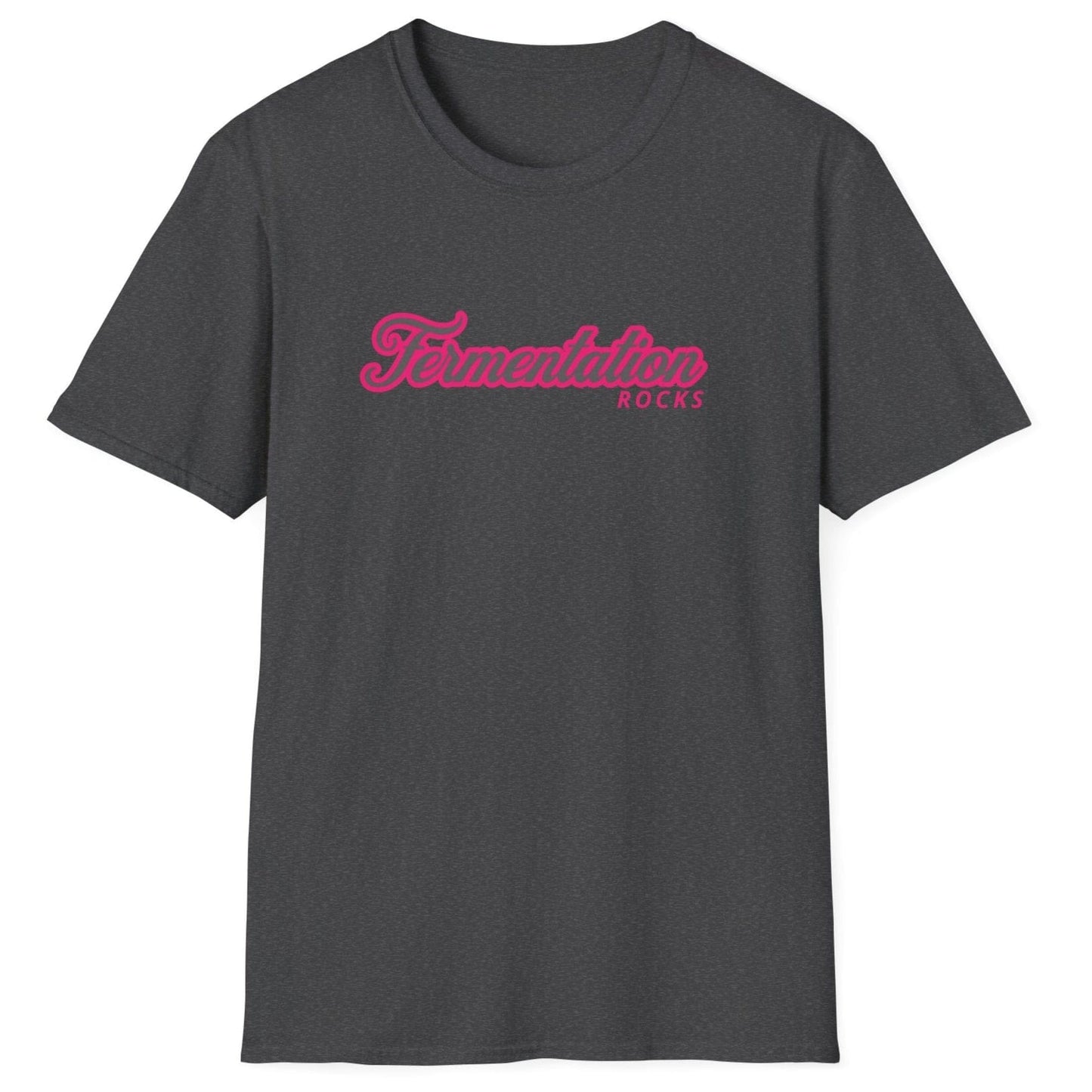 Unisex dark grey cotton T-shirt with retro pink typography reading 'Fermentation Rocks,' perfect for fermentation fans and foodie gift lovers