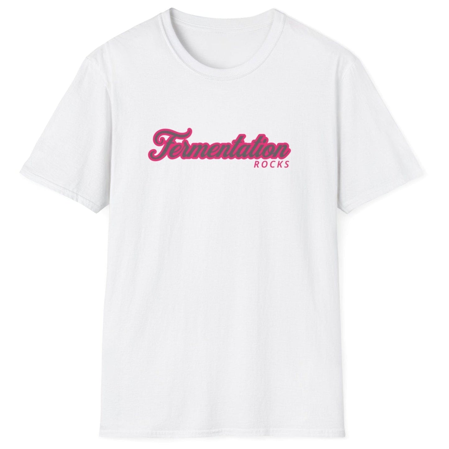Unisex white cotton T-shirt with retro pink typography reading 'Fermentation Rocks,' perfect for fermentation fans and foodie gift lovers