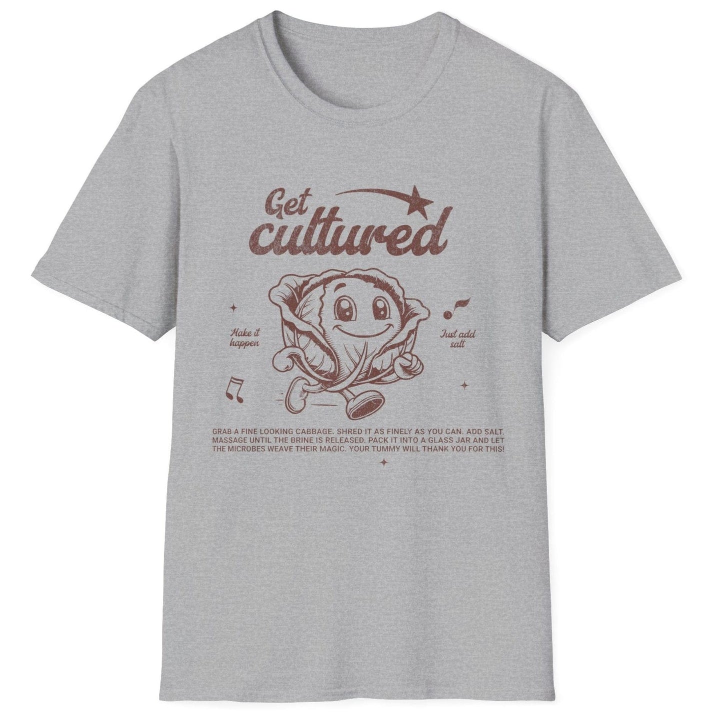 Retro-style "Get Cultured" T-shirt in grey featuring an animated cabbage and a simple sauerkraut recipe—perfect for fermentation lovers, probiotic enthusiasts, and foodies passionate about gut health.