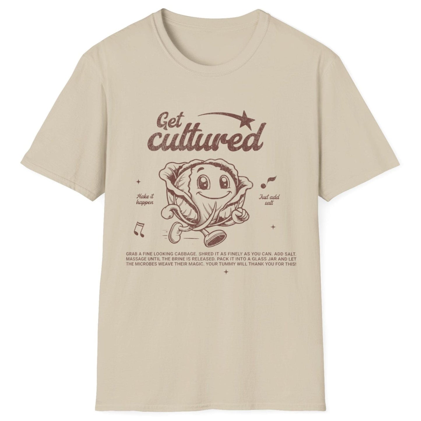 Retro-style "Get Cultured" T-shirt in 'sand' colour featuring an animated cabbage and a simple sauerkraut recipe—perfect for fermentation lovers, probiotic enthusiasts, and foodies passionate about gut health.
