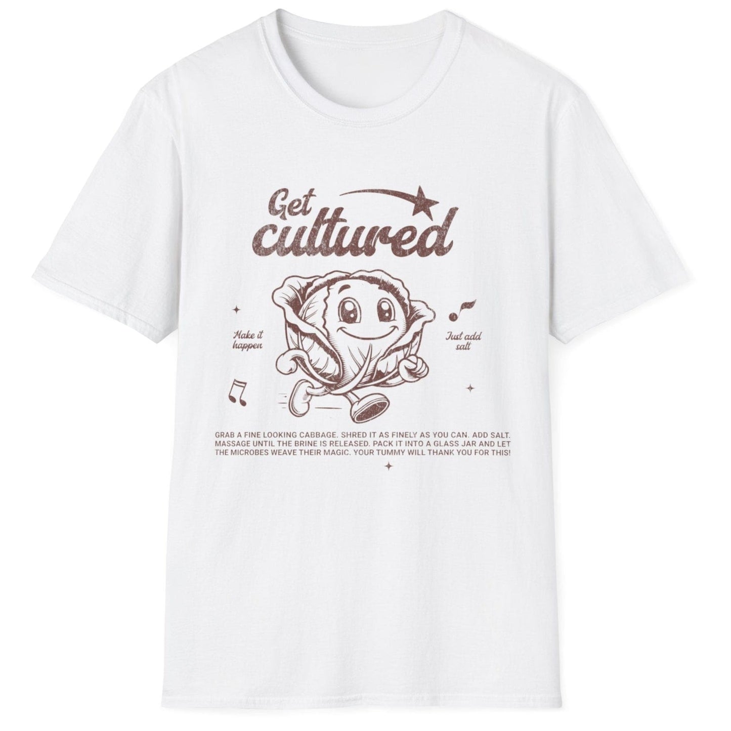 Retro-style "Get Cultured" T-shirt in white featuring an animated cabbage and a simple sauerkraut recipe—perfect for fermentation lovers, probiotic enthusiasts, and foodies passionate about gut health.