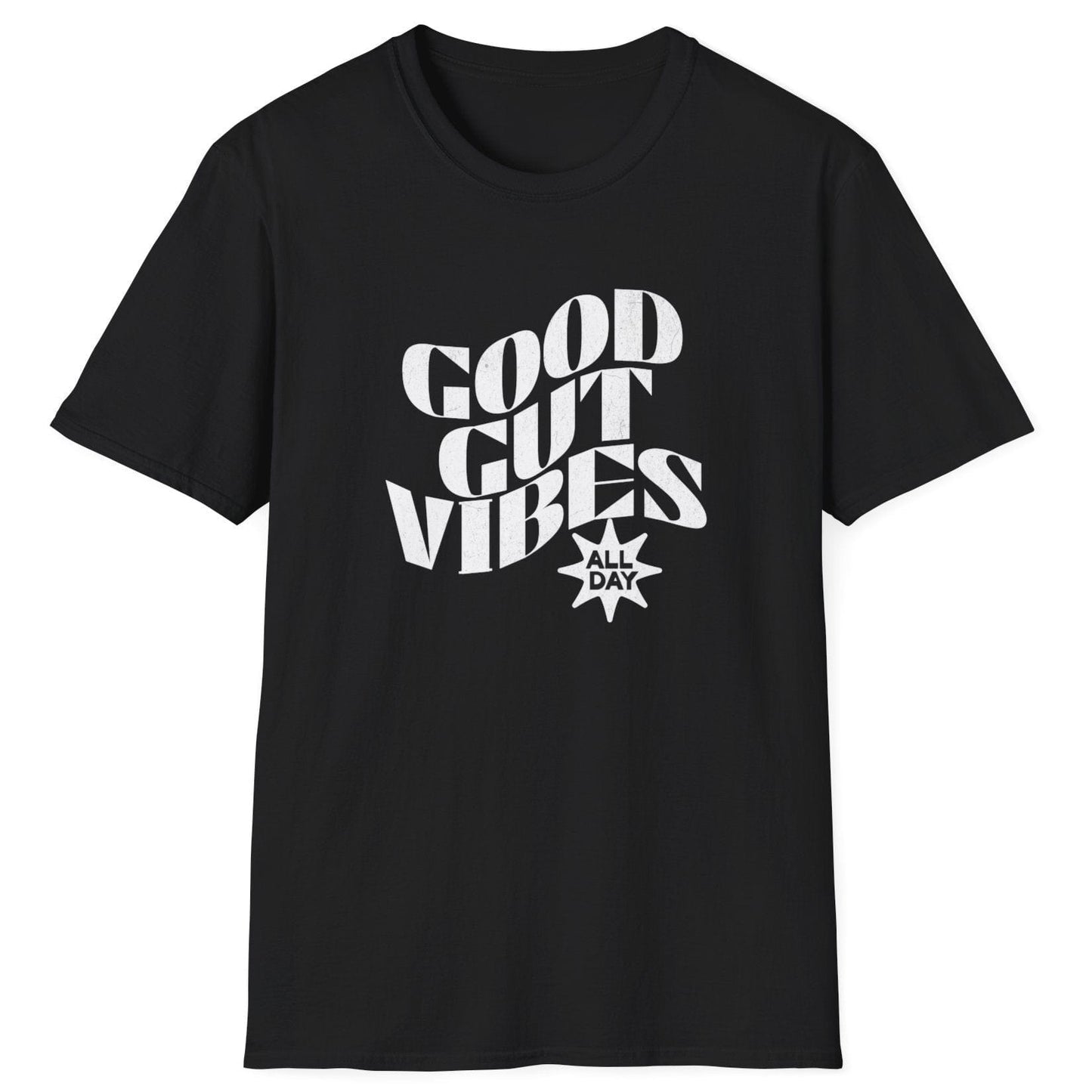Vintage-style black fermentation T-shirt with "Good Gut Vibes (All Day)" typography, perfect for gut health enthusiasts and fermenters