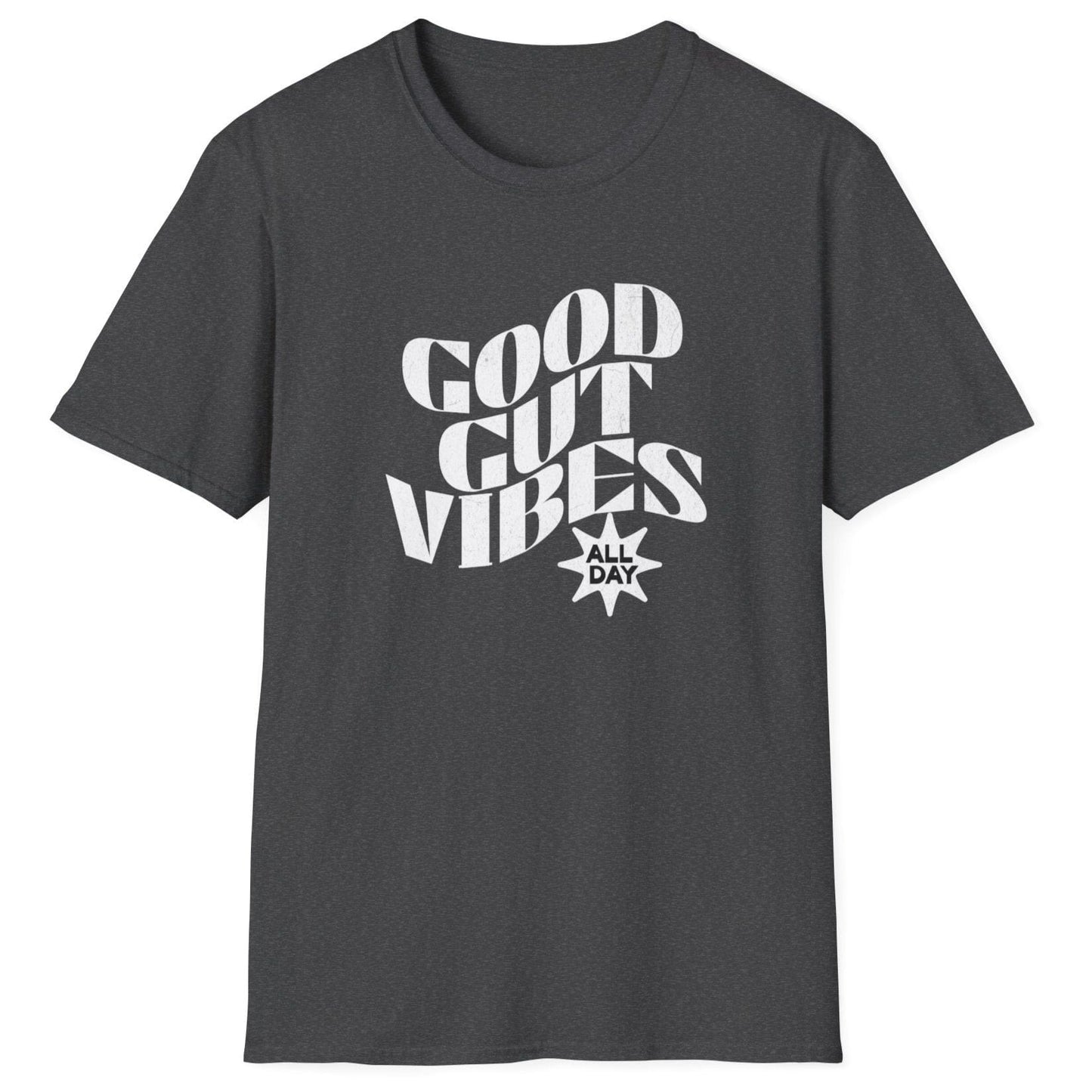 Vintage-style dark grey fermentation T-shirt with "Good Gut Vibes (All Day)" typography, perfect for gut health enthusiasts and fermenters