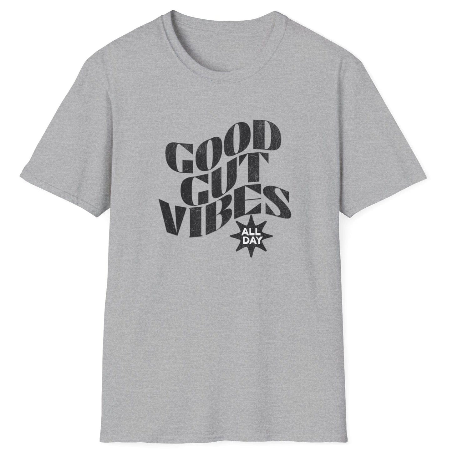 Vintage-style grey fermentation T-shirt with "Good Gut Vibes (All Day)" typography, perfect for gut health enthusiasts and fermenters