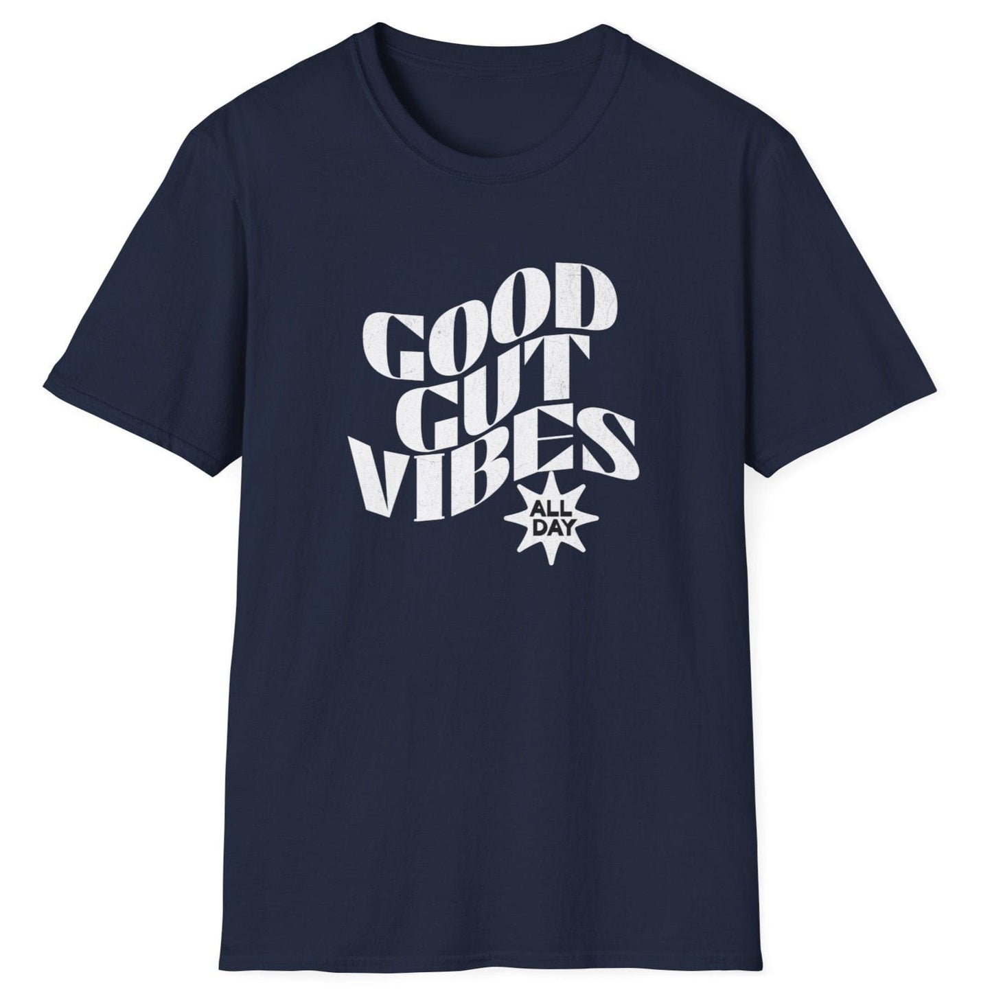 Vintage-style navy fermentation T-shirt with "Good Gut Vibes (All Day)" typography, perfect for gut health enthusiasts and fermenters