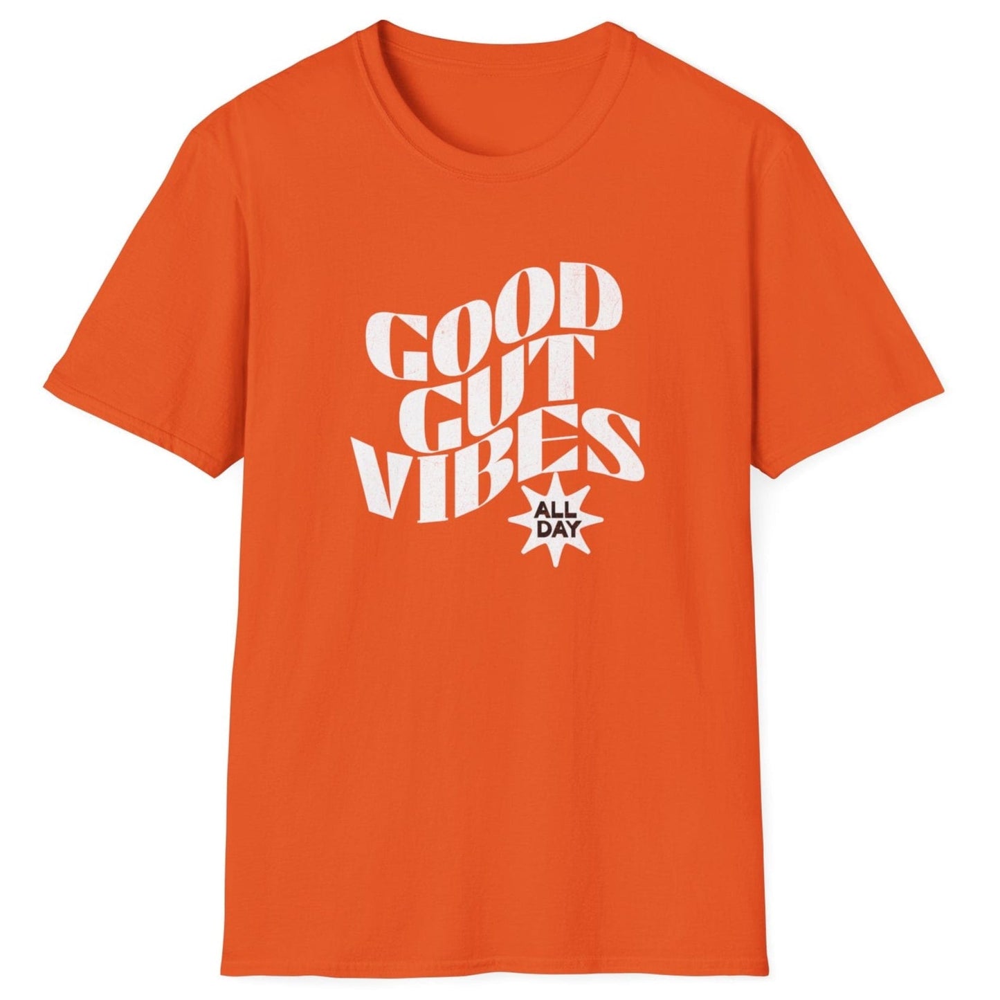 Vintage-style fermentation T-shirt in orange with "Good Gut Vibes (All Day)" typography, perfect for gut health enthusiasts and fermenters