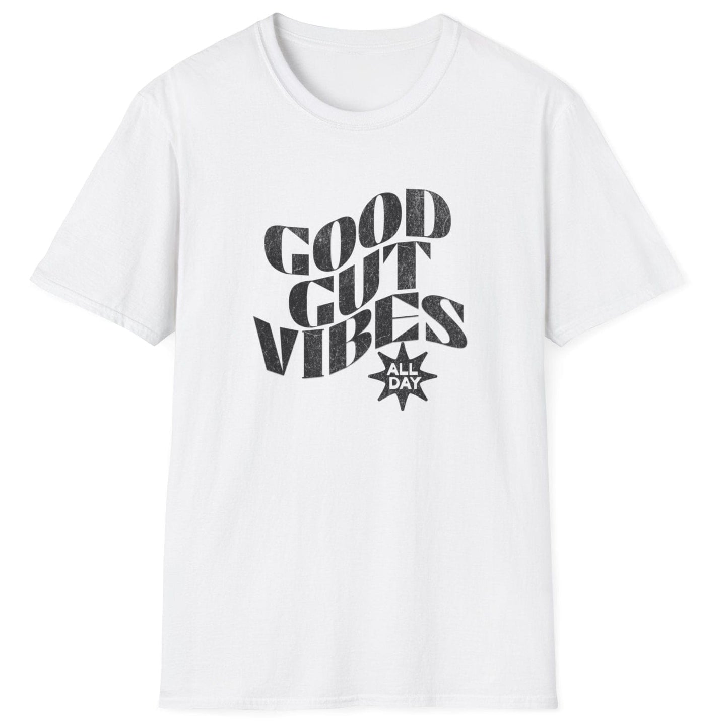 Vintage-style white fermentation T-shirt with "Good Gut Vibes (All Day)" typography, perfect for gut health enthusiasts and fermenters