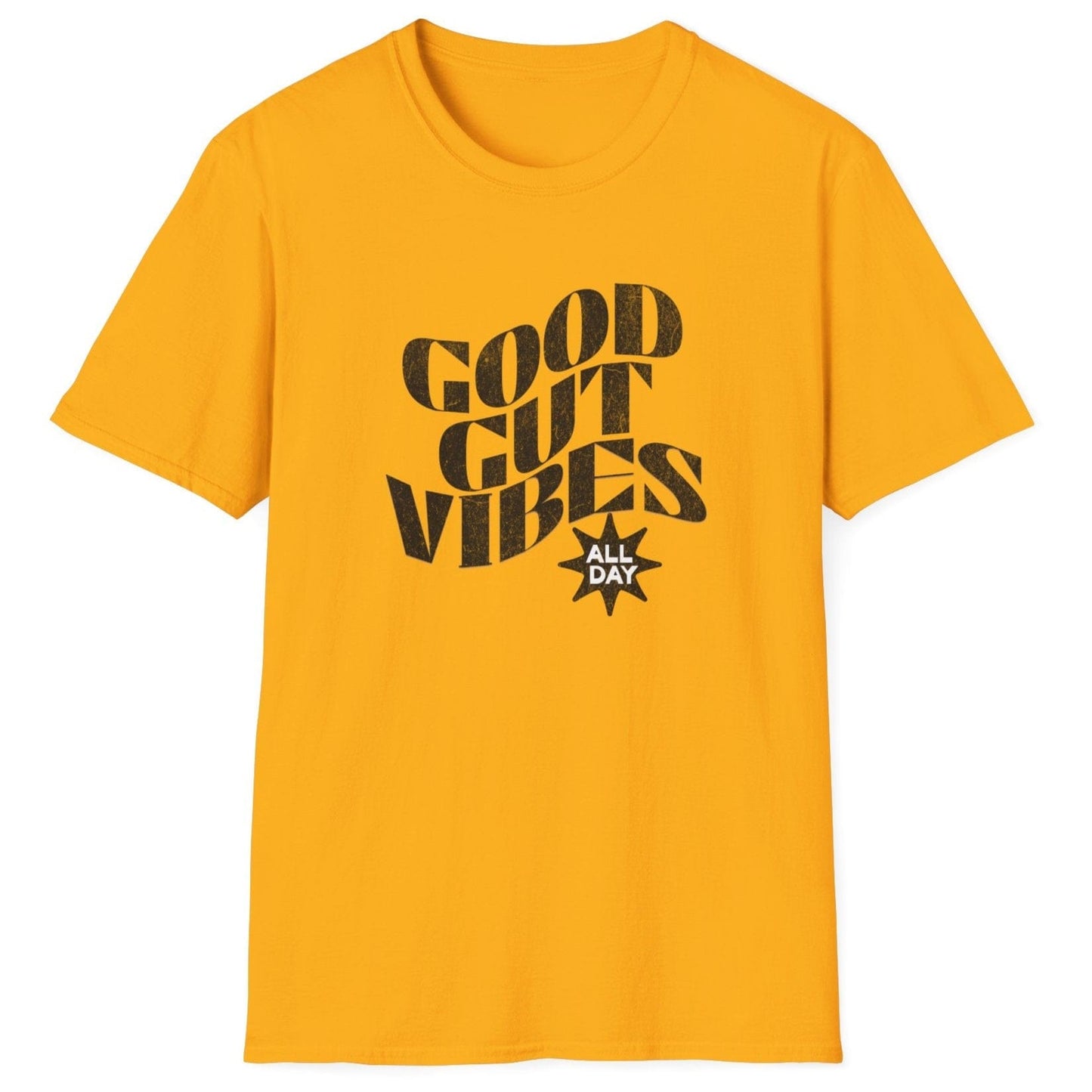 Vintage-style yellow fermentation T-shirt with "Good Gut Vibes (All Day)" typography, perfect for gut health enthusiasts and fermenters
