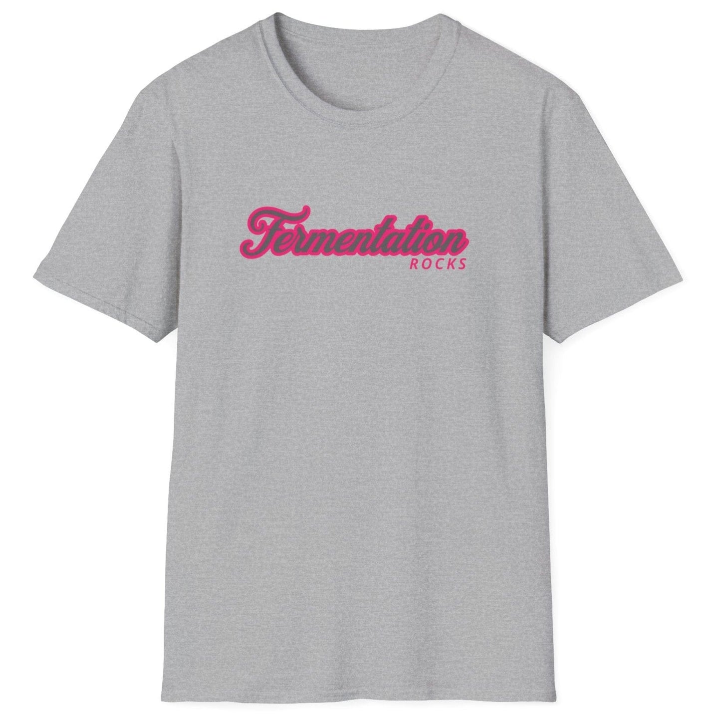 Unisex grey cotton T-shirt with retro pink typography reading 'Fermentation Rocks,' perfect for fermentation fans and foodie gift lovers