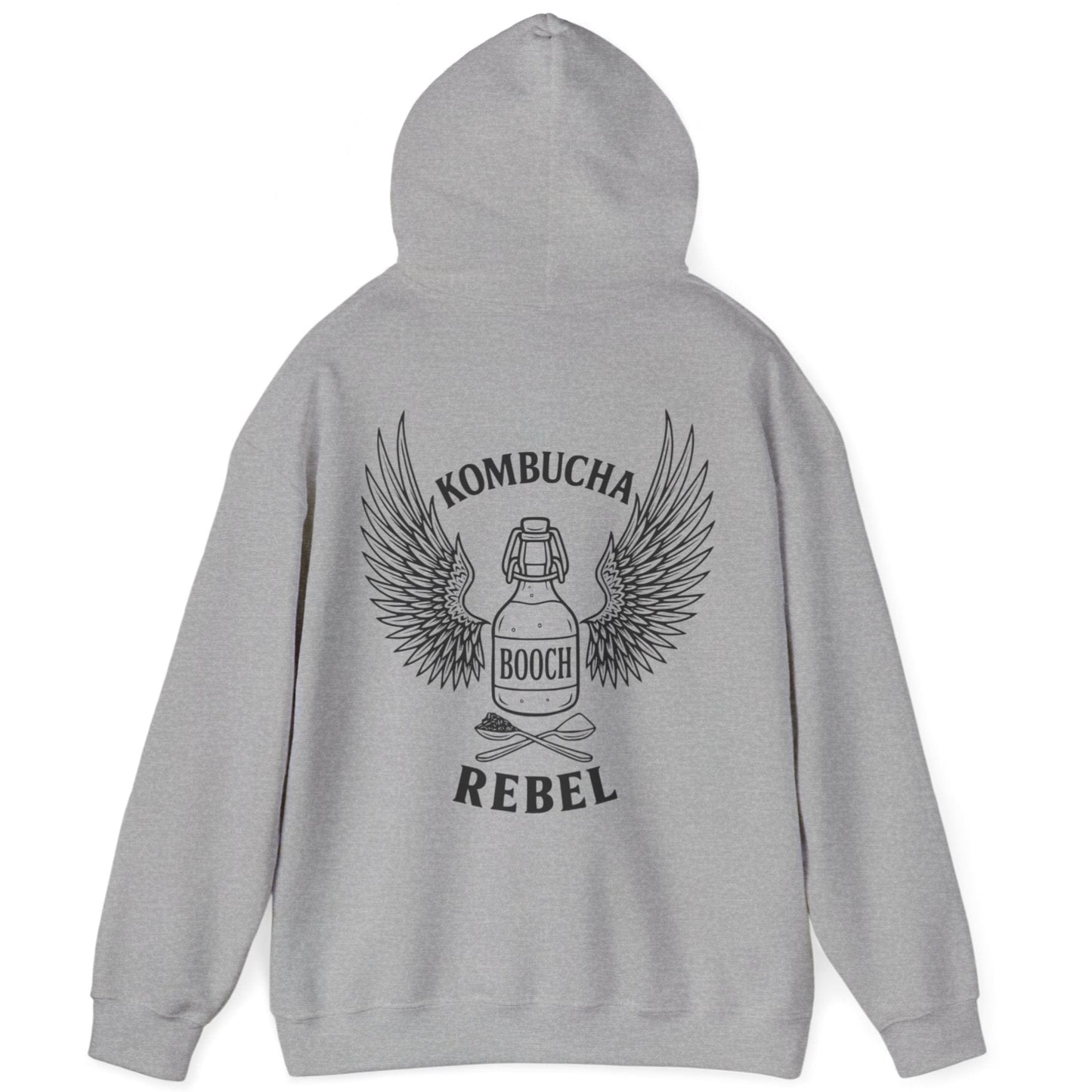 Grey Kombucha Rebel back print hoodie for fans of fermentation, featuring a bottle of booch with dramatic wings and crossed spoons - one with tea leaves and one with sugar. Design inspired by vintage Harley Davidson jackets.