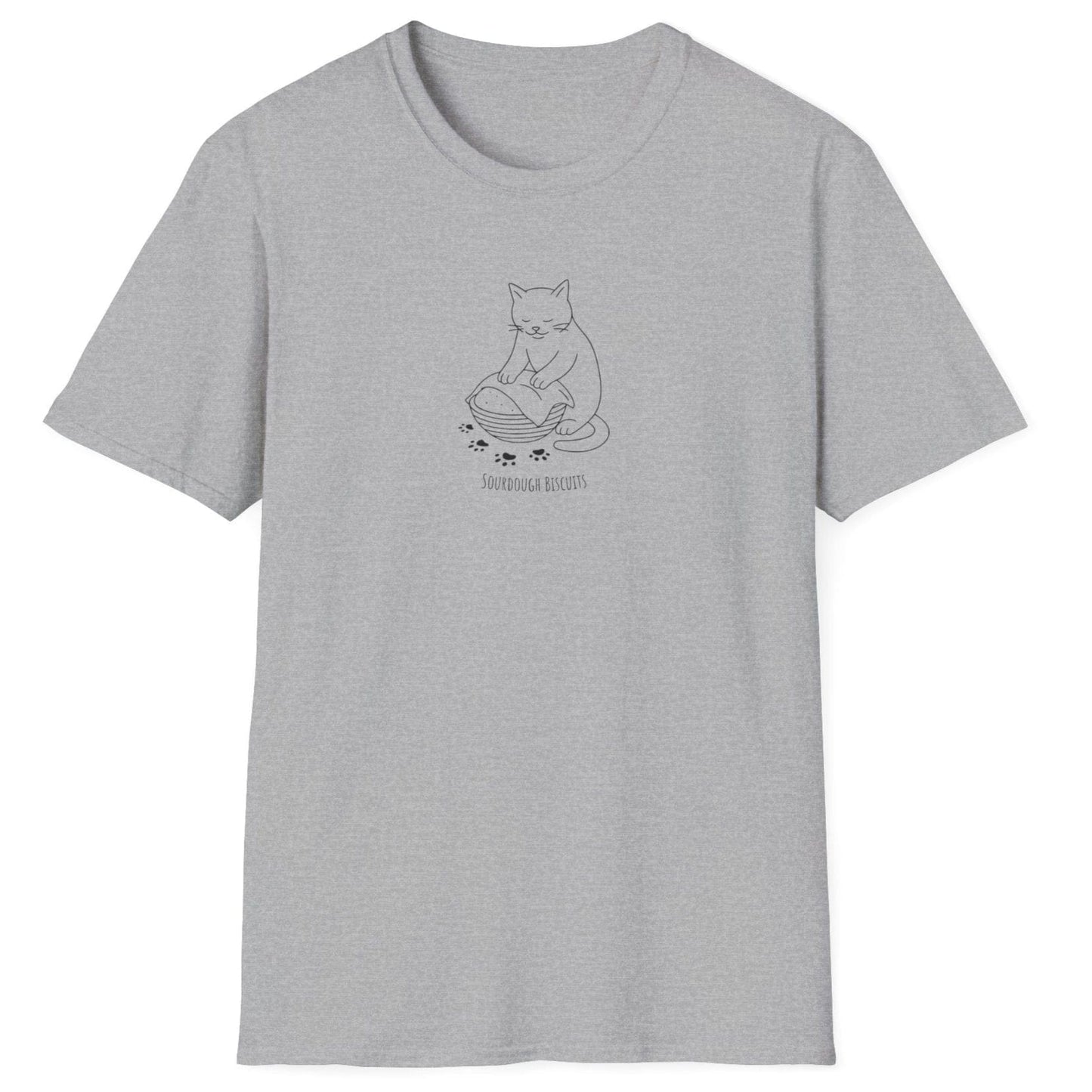 Illustrated cat kneading dough in a banneton, surrounded by floury paw prints — Sourdough Biscuits t-shirt in grey for cat and bread lovers
