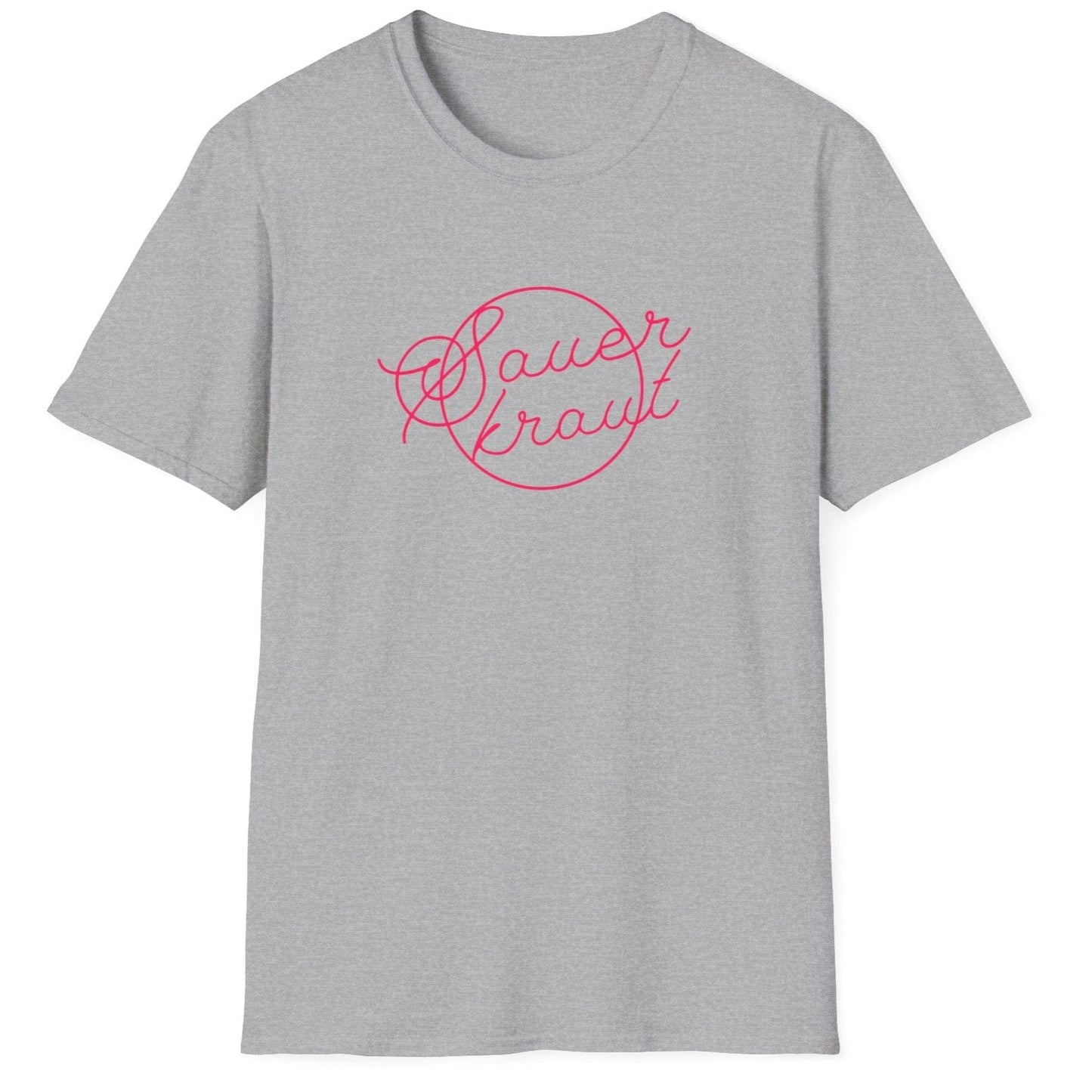 Unisex classic grey cotton T-shirt featuring a unique sauerkraut typography design in hot pink, perfect for fermentation enthusiasts and sauerkraut lovers.