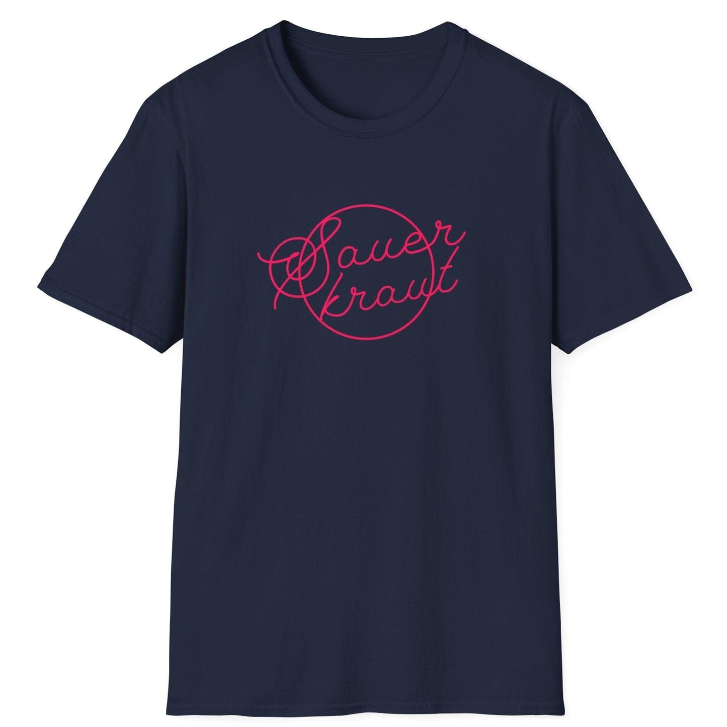 Unisex classic cotton navy T-shirt featuring a unique sauerkraut typography design in hot pink, perfect for fermentation enthusiasts and sauerkraut lovers.