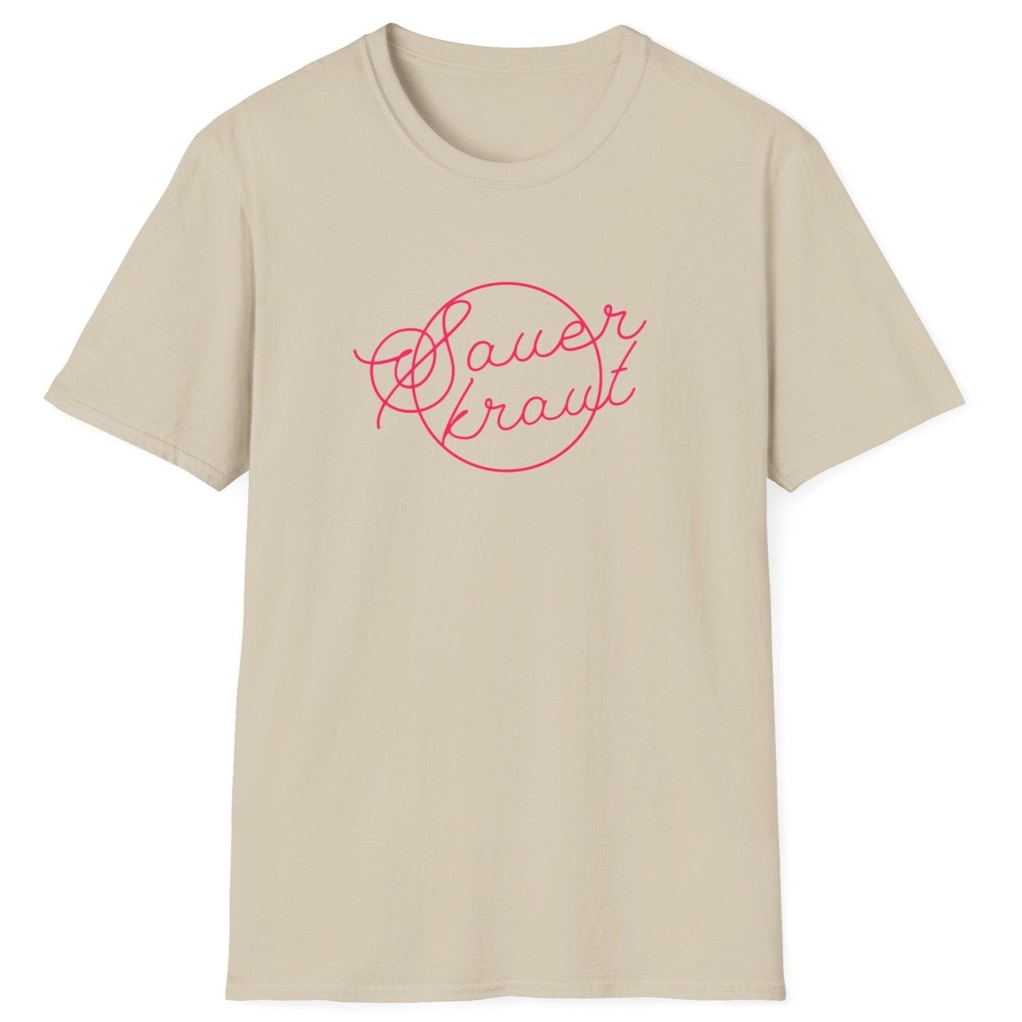 Unisex classic sand cotton T-shirt featuring a unique sauerkraut typography design in hot pink, perfect for fermentation enthusiasts and sauerkraut lovers.