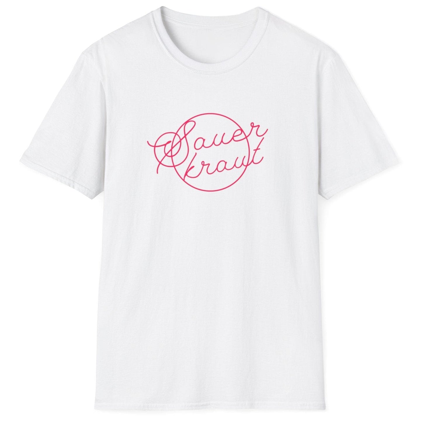 Unisex classic cotton white T-shirt featuring a unique sauerkraut typography design in hot pink, perfect for fermentation enthusiasts and sauerkraut lovers.